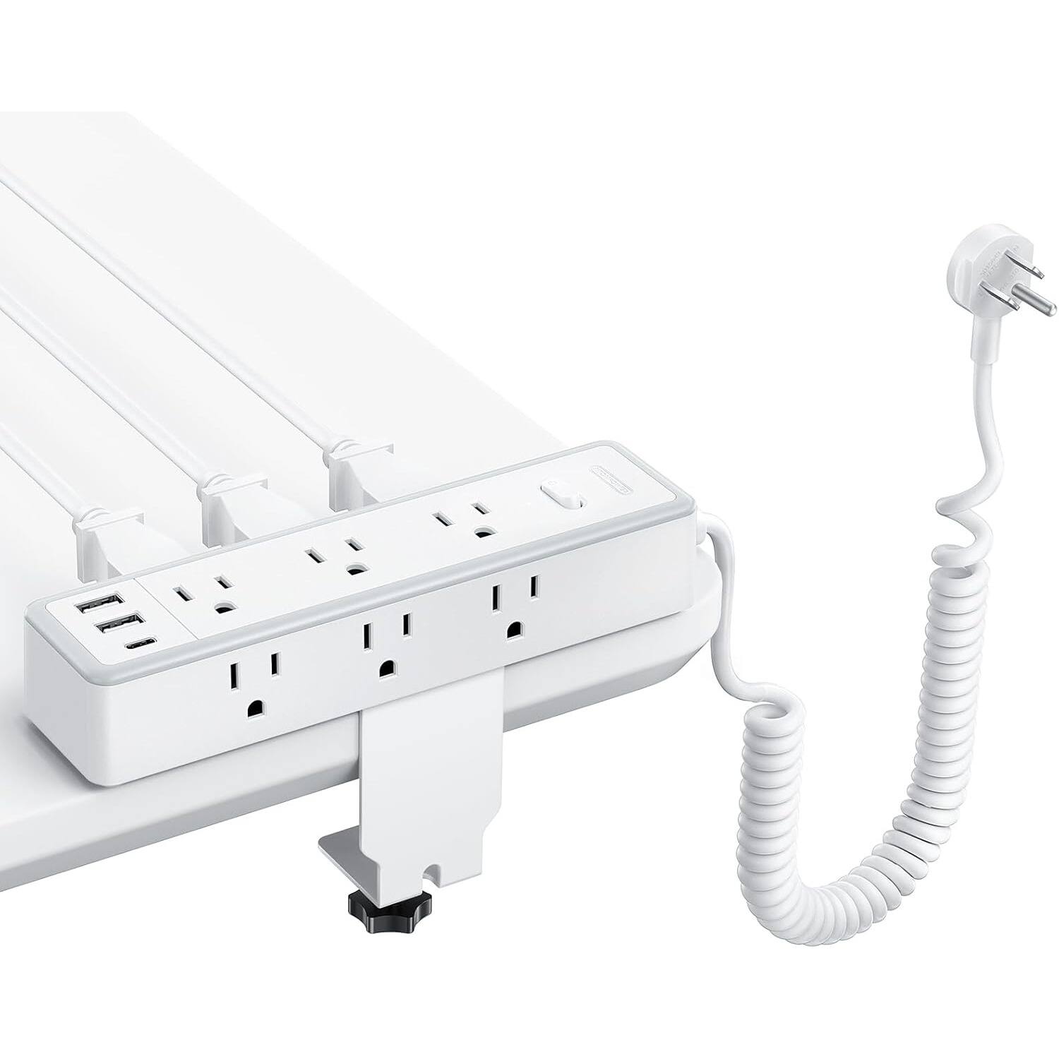 Front. PARKER SLATER - Desk Clamp Power Strip with 9 Outlets, 3 USB Ports (1 USB-C), 1200J Surge Protector, 6FT Coiled Cord, Fits 2.68" Edge - White.