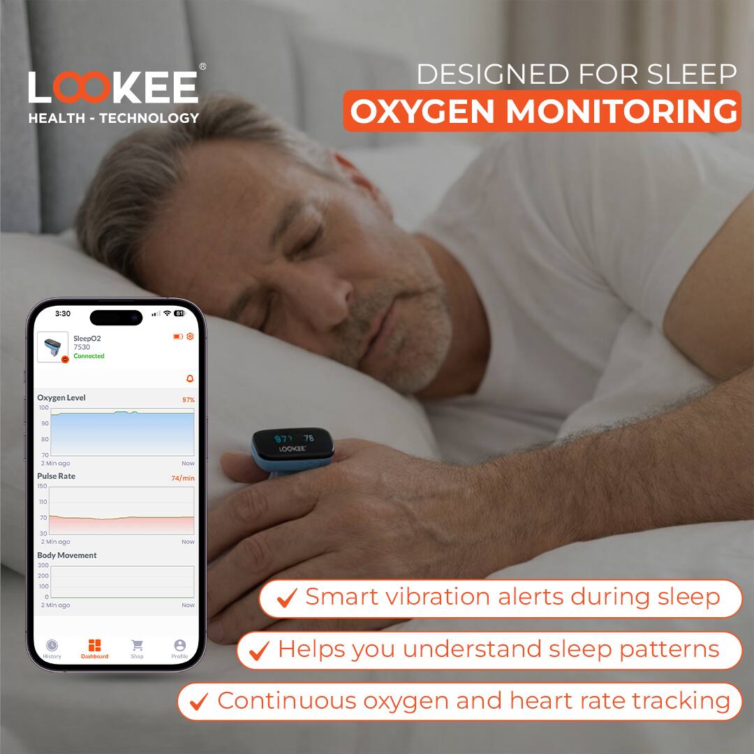 LOOKEE HEALTH TECHNOLOGY  
DESIGNED FOR SLEEP OXYGEN MONITORING  

SleepO2 7530  
Connected  

Oxygen Level  
100  
97%  

Pulse Rate  
150  
74/min  

Body Movement  
300  
200  
100  

Smart vibration alerts during sleep  
Helps you understand sleep patterns  
Continuous oxygen and heart rate tracking