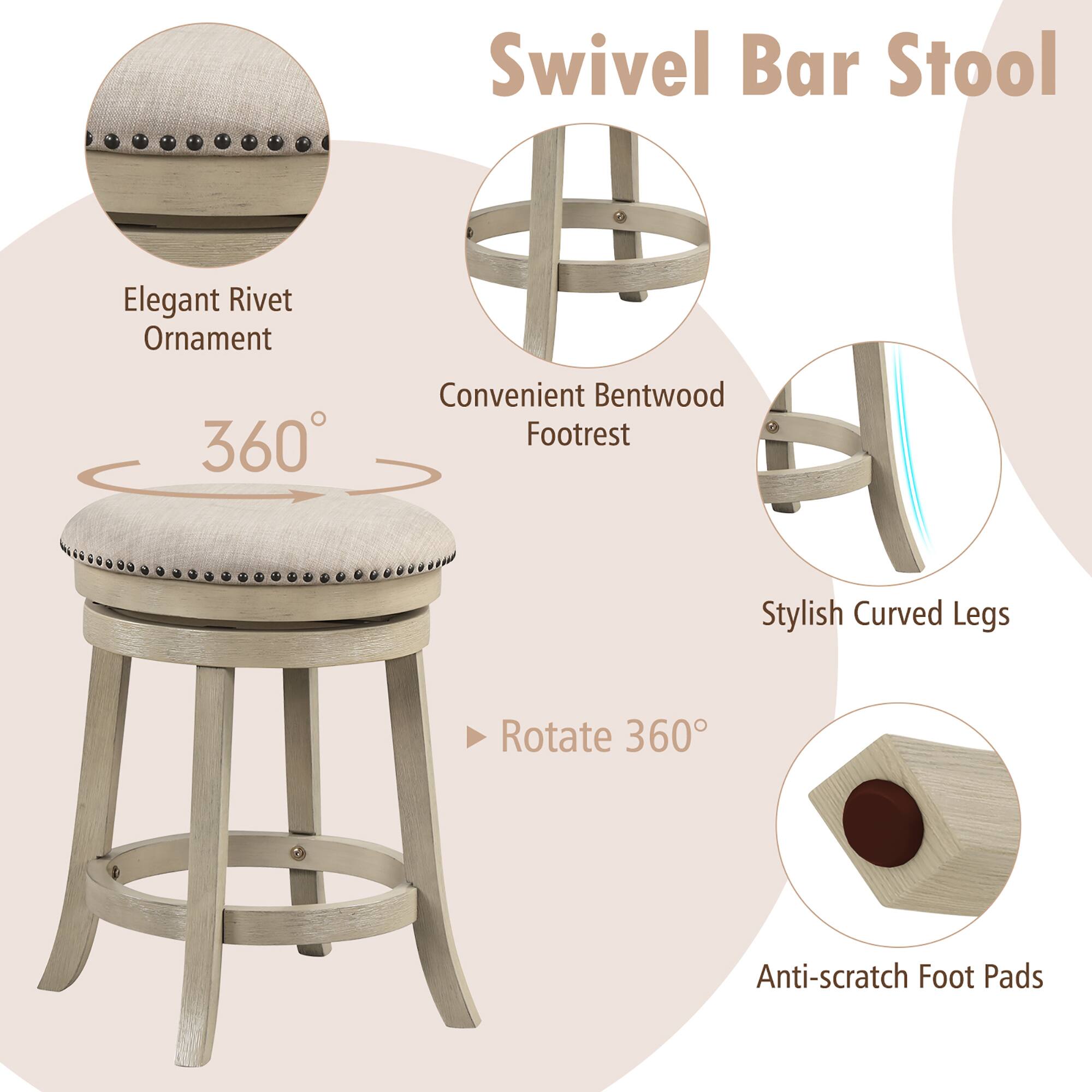 Swivel Bar Stool, Elegant Rivet Ornament, 360, Convenient Bentwood Footrest, Stylish Curved Legs, Rotate 360, Anti-scratch Foot Pads