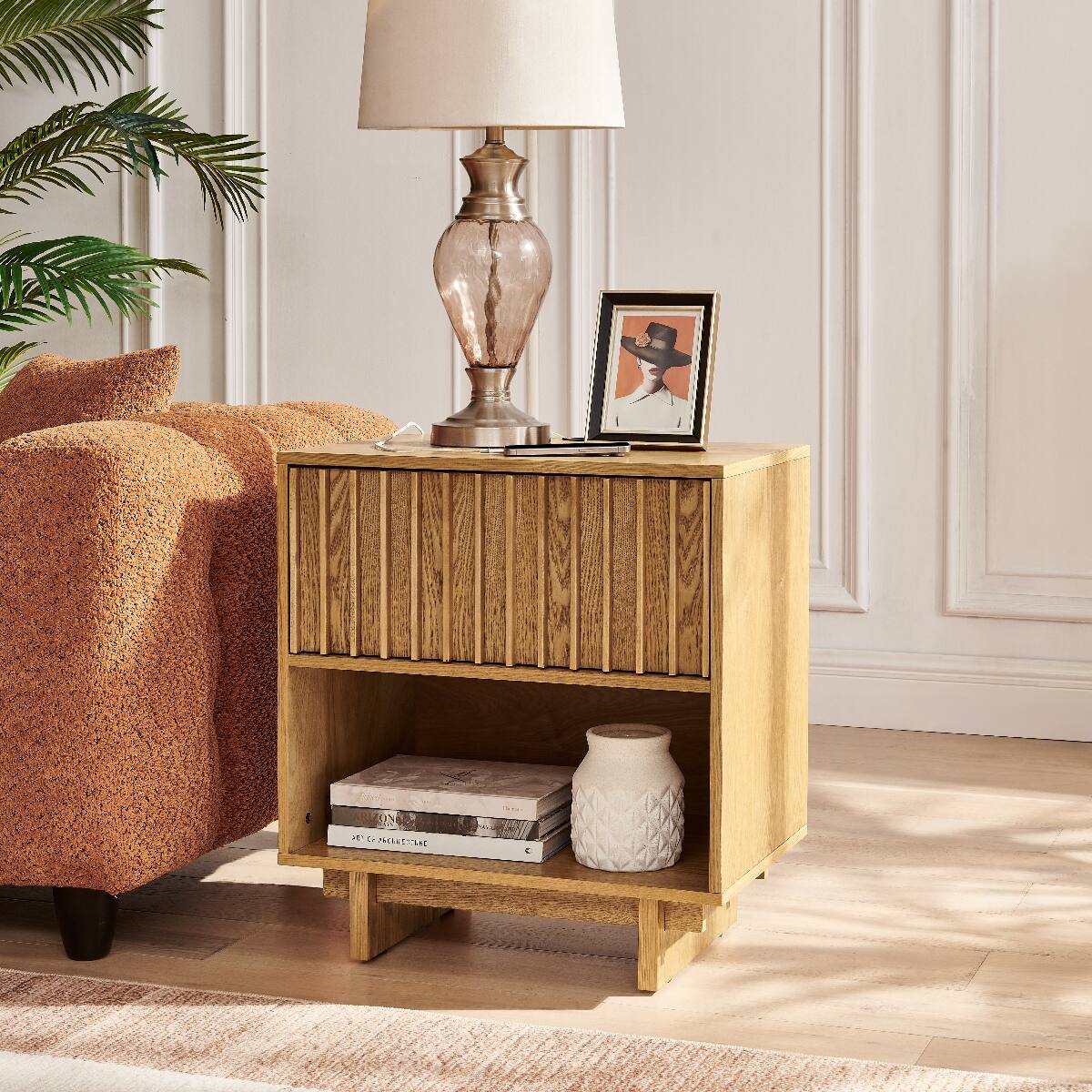Back. Loheer - Loheer Mid Century Modern Nightstand with Hidden Charging Station Natural Finish - Natural.