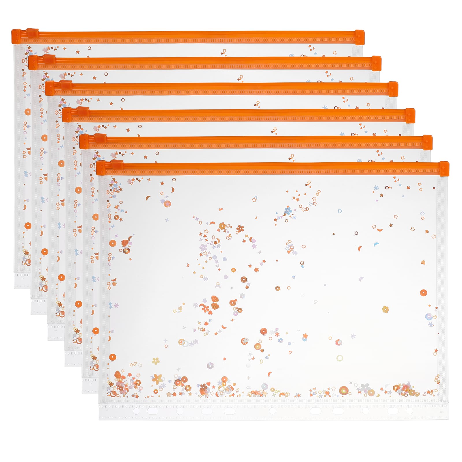 Unique Bargains - 6pcs A4 Plastic Binder Zipper Pockets 12x9 Inch Clear Envelope Folders Planner Waterproof with Sequin Decor - Bright Orange price history on PriceWatchPro