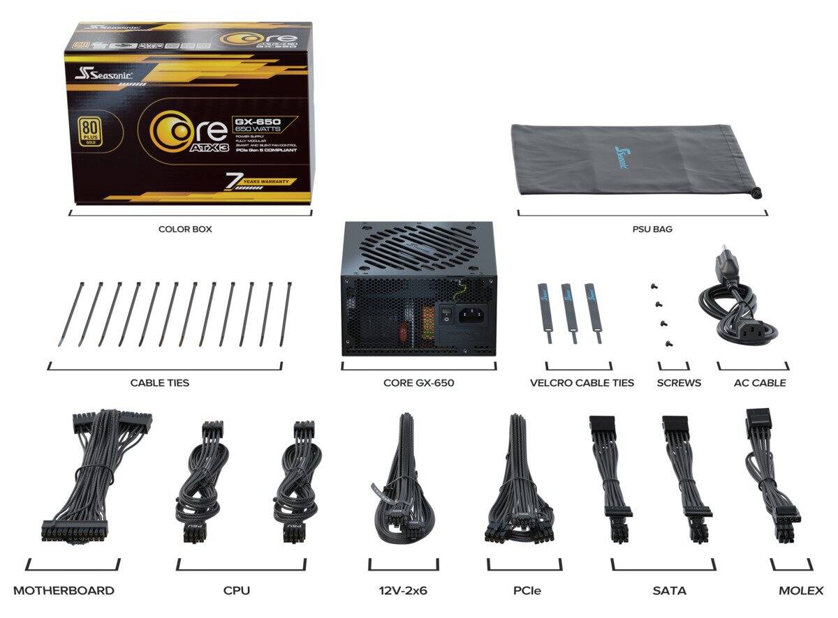 - COLOR BOX
- CORE GX-650
- CABLE TIES
- MOTHERBOARD
- CPU
- 12V-2x6
- PCle
- SATA
- MOLEX
- VELCRO CABLE TIES
- SCREWS
- AC CABLE
- PSU BAG