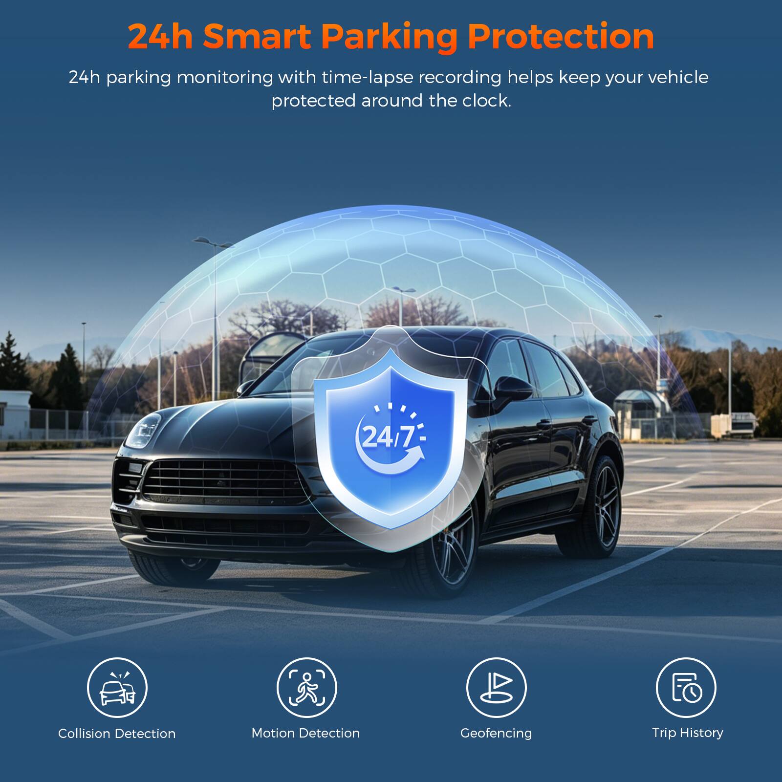 24h Smart Parking Protection  
24h parking monitoring with time-lapse recording helps keep your vehicle protected around the clock.  

24/7  
Collision Detection  
Motion Detection  
Geofencing  
Trip History