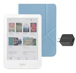 Kobo - Clara Colour eReader (White) with and AC Bundle - 2025 - Dusk Blue SleepCover