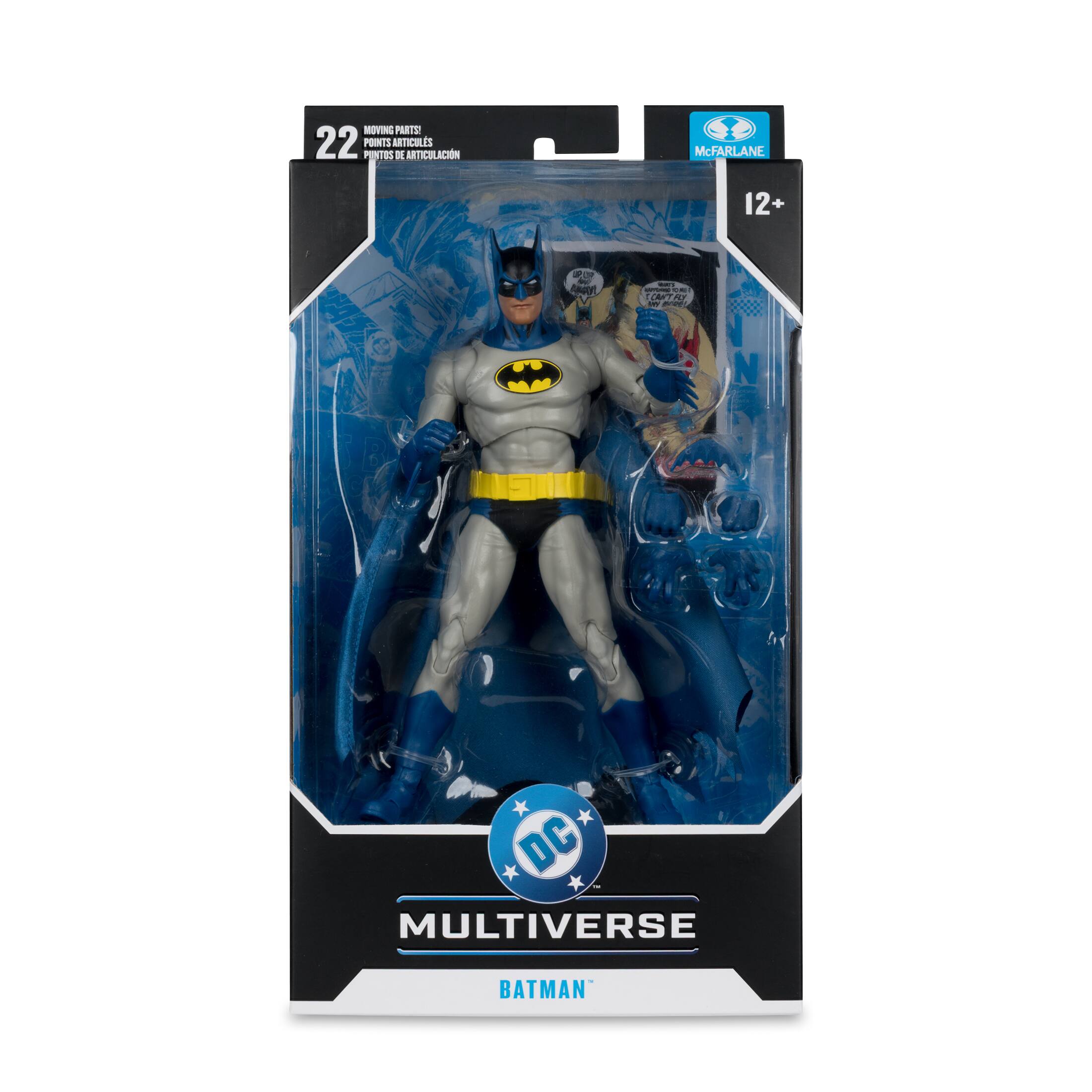 MOVING PARTS!  
22 POINTS DE ARTICULACIÓN  
McFARLANE  
12+  

UP UP AAYL WNATS HAPPEH TO ME  
CAN'T FLY WY!  
DC 76 N RA B CY DC  

THE MULTIVERSE  
BATMAN