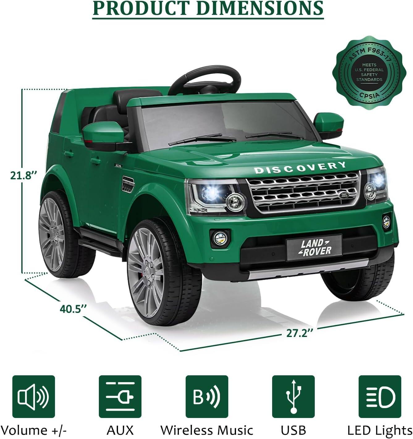 PRODUCT DIMENSIONS

ASTM F963-17 MEETS U.S. FEDERAL SAFETY STANDARDS CPSIA

21.8"  
40.5"  
27.2"

- Volume +/-  
- AUX  
- Wireless Music  
- USB  
- LED Lights