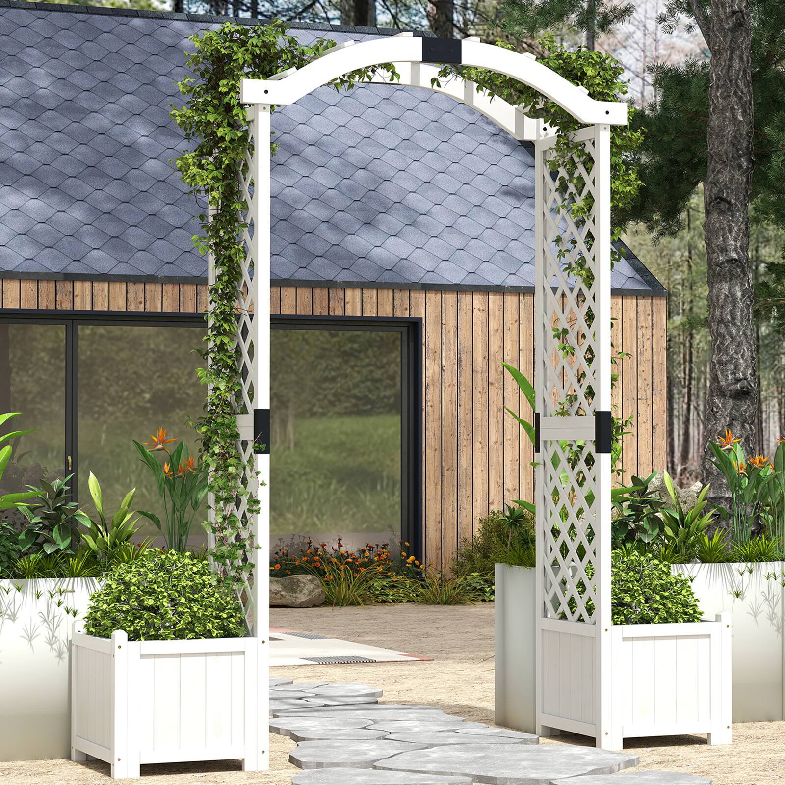 Alt View 3. Gymax - Gymax Garden Arbor w/ Planter Wooden Planter Arch w/ Trellis White - White.
