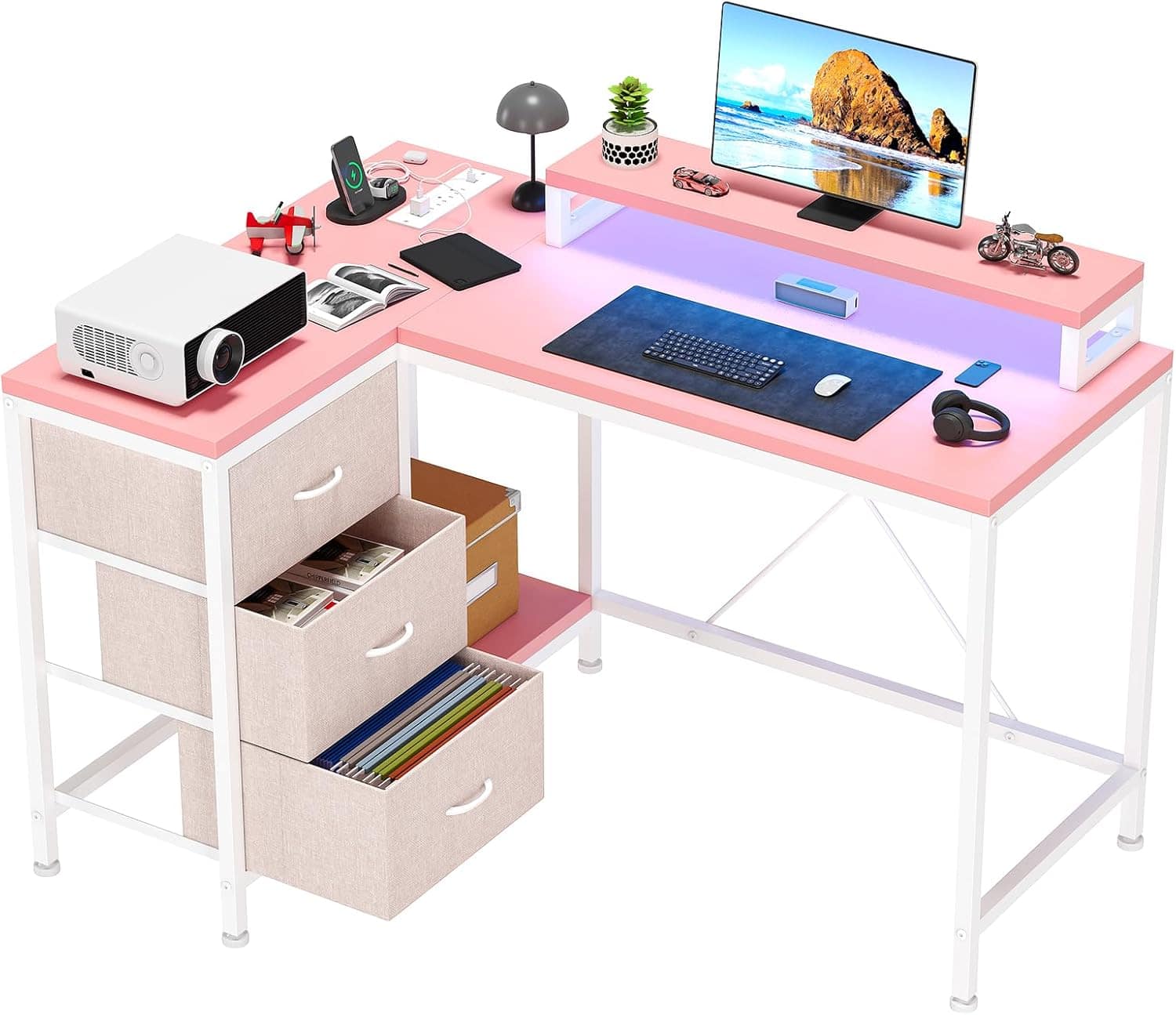 GARVEE - Large Corner Computer Desk with Drawers & Monitor Stand, PC Table for Home Office and Bedroom - Black