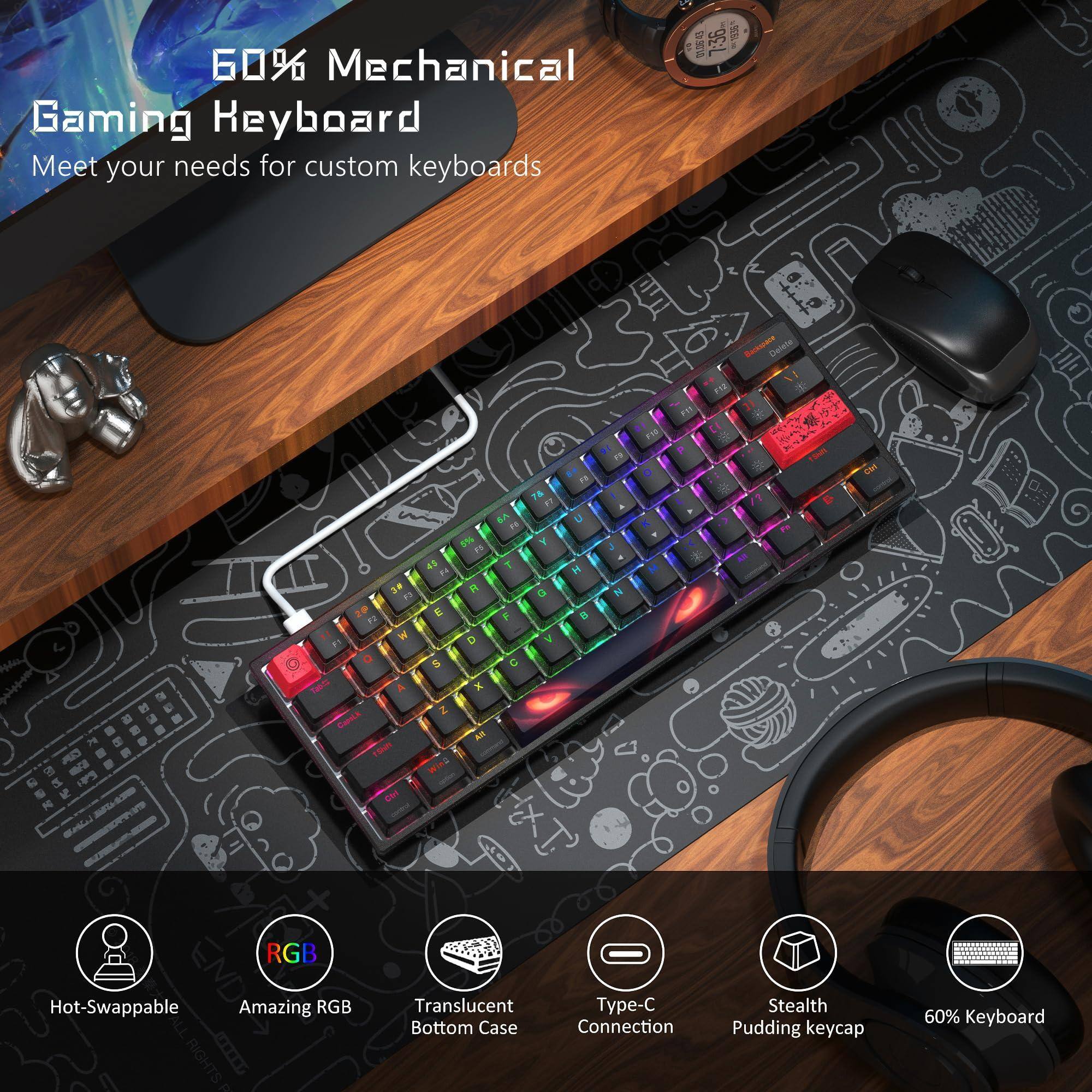 60% Mechanical Gaming Keyboard  
Meet your needs for custom keyboards  

- Hot-Swappable  
- Amazing RGB  
- Translucent Bottom Case  
- Type-C Connection  
- Stealth Pudding keycap  
- 60% Keyboard