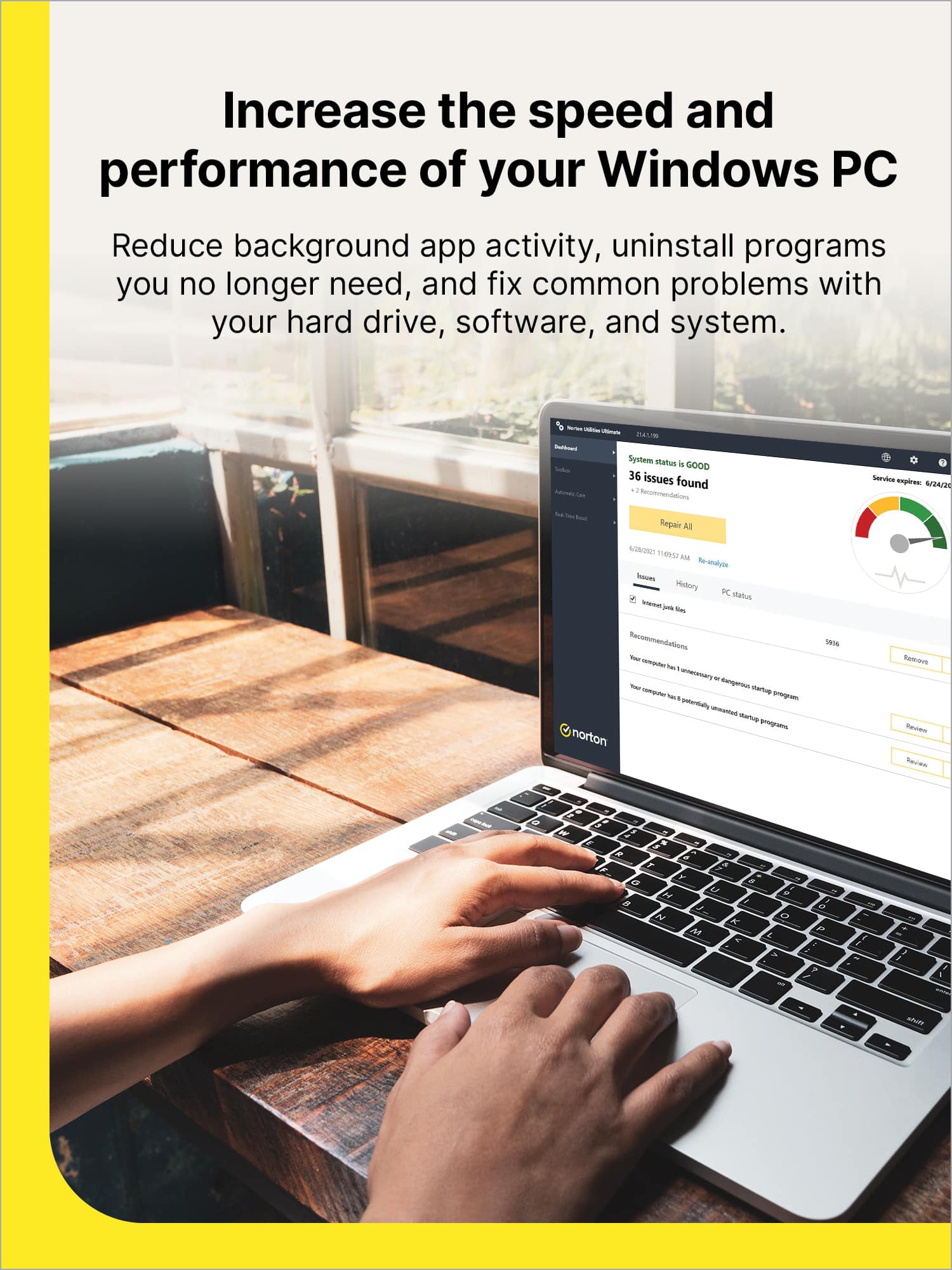Increase the speed and performance of your Windows PC. Reduce background app activity, uninstall programs you no longer need, and fix common problems with your hard drive, software, and system.