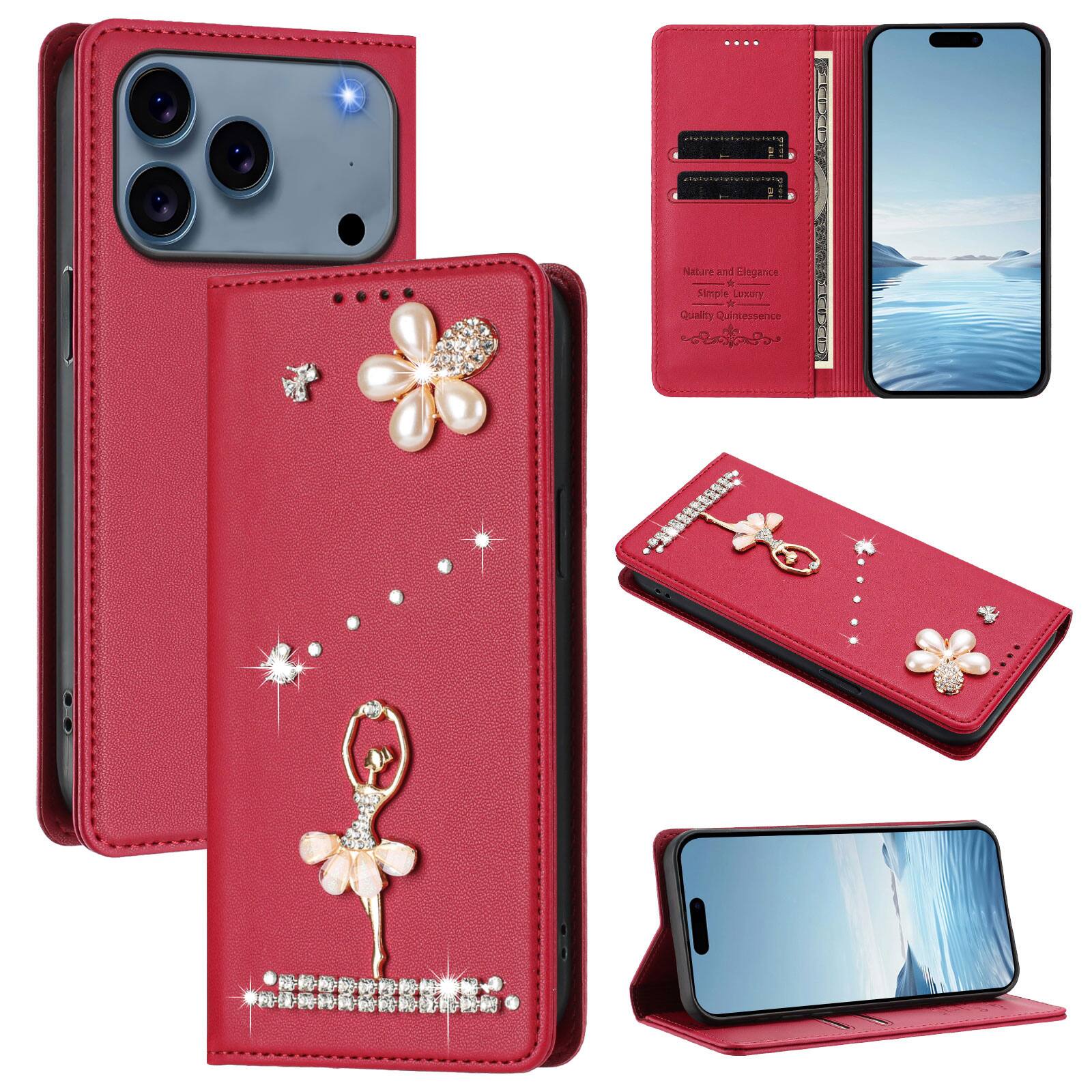 Dteck - 3D Bling Ballerina Wallet Case for Apple iPhone 17 Pro Max, RFID Blocking PU Leather Flip Cover with Card Slots - Red