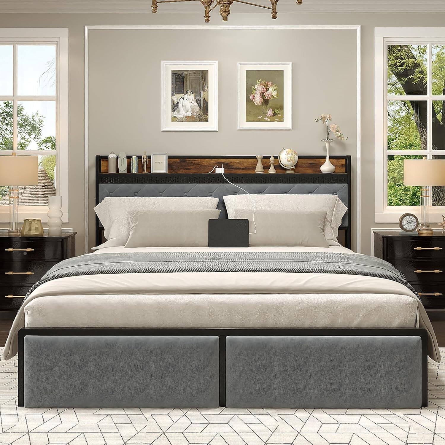 Back. GARVEE - Metal Platform Bed with Storage Headboard, 2 Drawers, LED Light & Charging Station, No Box Spring Needed - Grey.