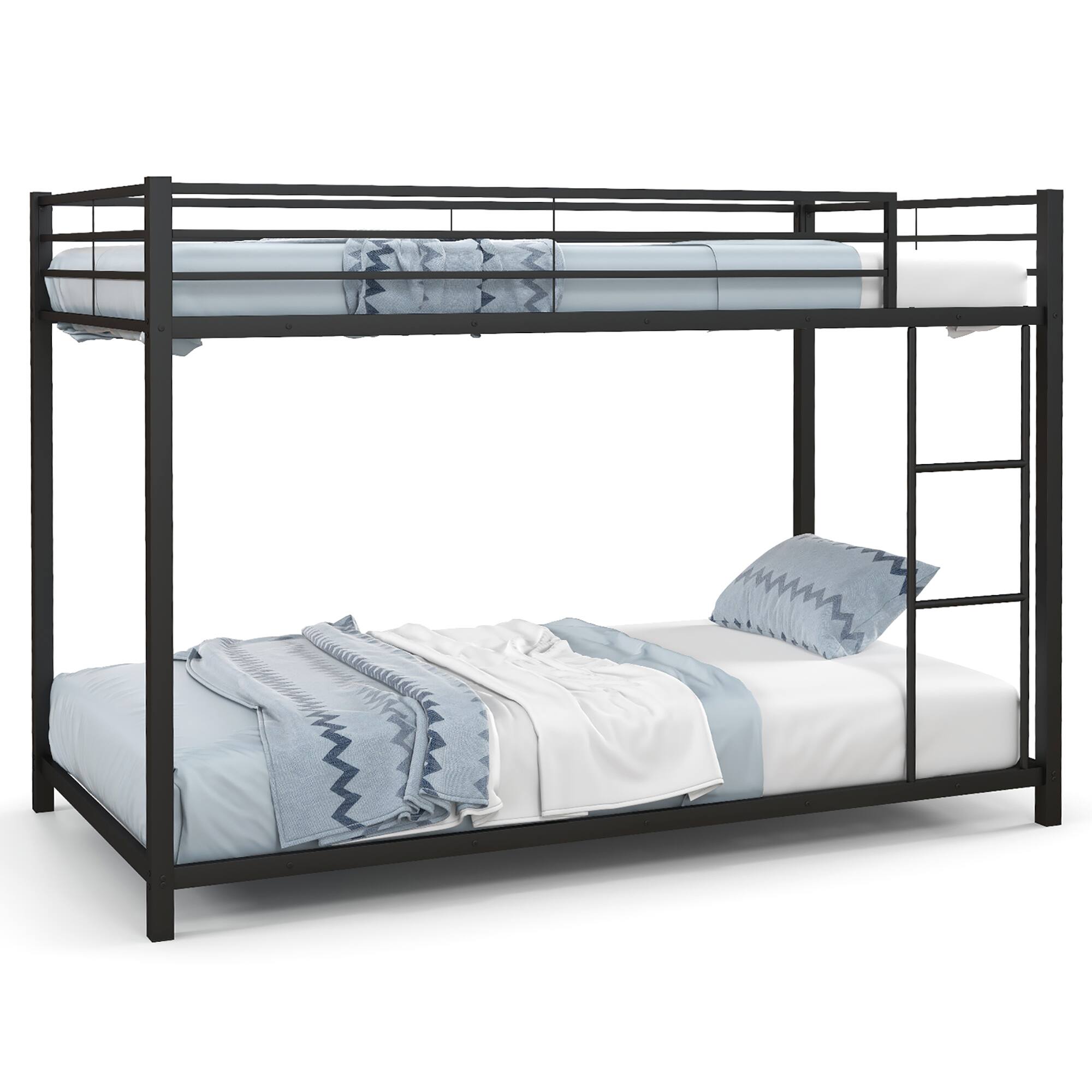 Alt View 4. Gymax - Gymax Twin Over Twin Low Metal Bunk Bed with Ladder Guardrails for Teens Adults Black - Black.