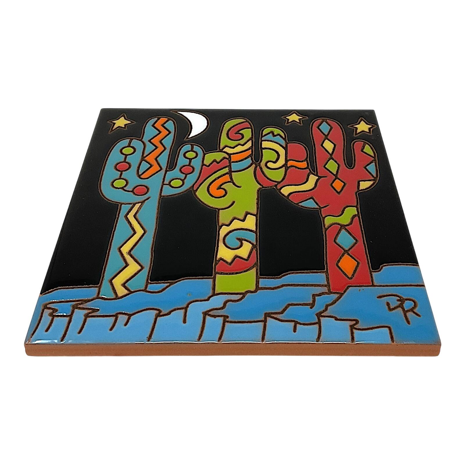 Angle. Earthtones Tile - Earthtones Southwest Saguaros Colorful Cactus 6X6 Hand Glazed Decorative Tile or Kitchen Trivet - Multicolor.