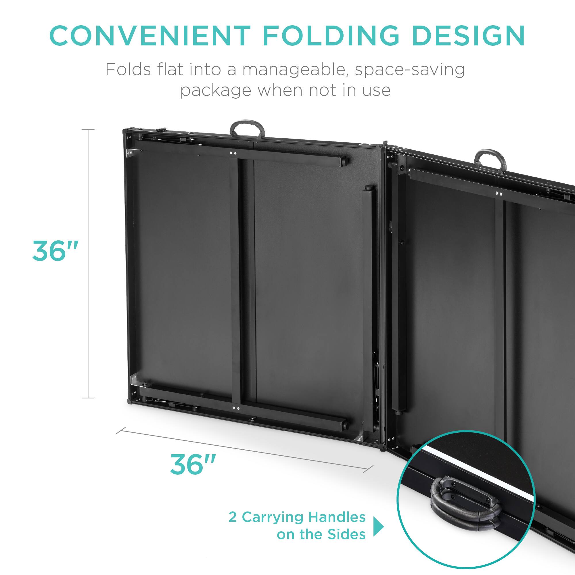 The corrected text is:

"Convenient Folding Design: Folds flat into a manageable, space-saving package when not in use. 36" x 36". 2 Carrying Handles on the Sides."
