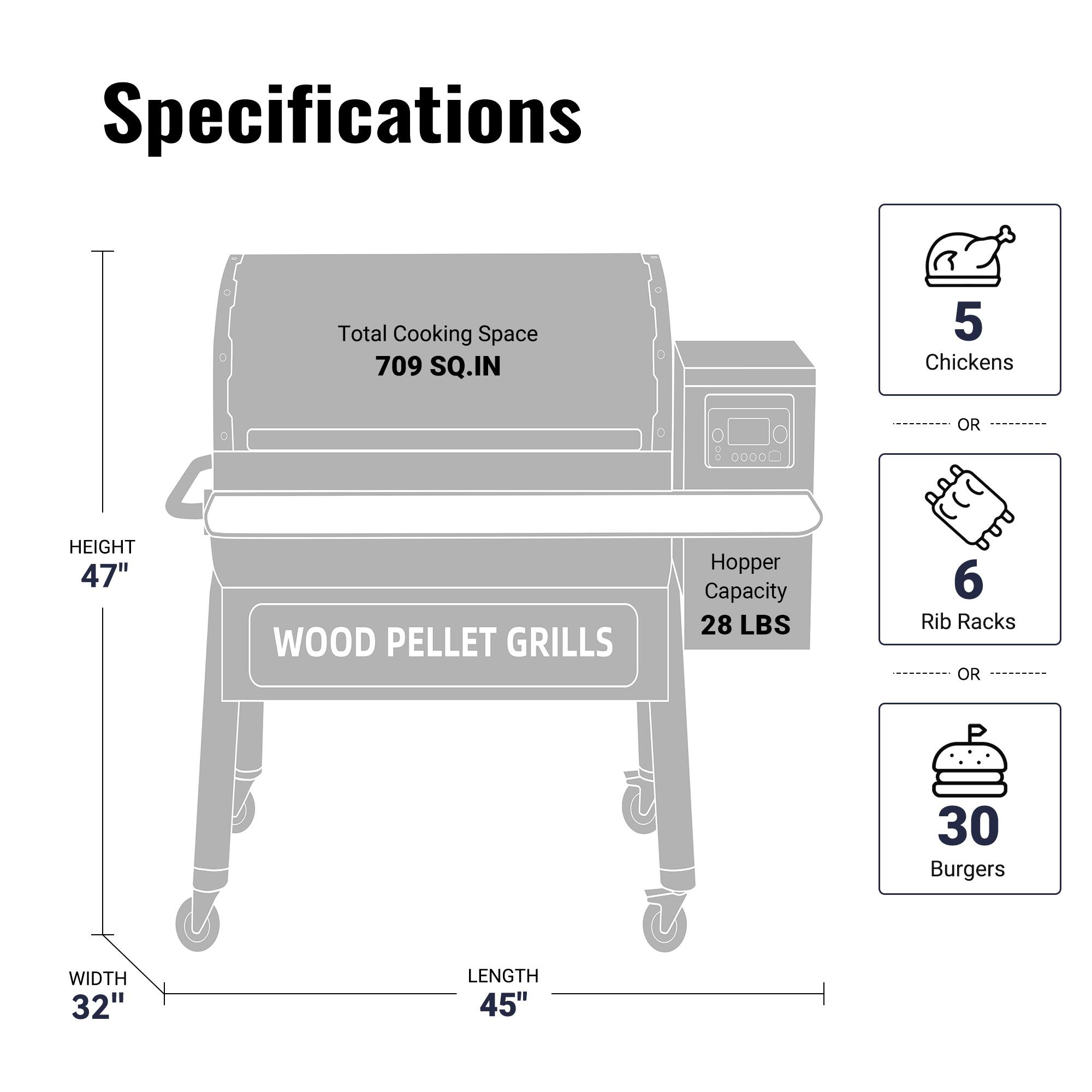 Specifications

Total Cooking Space 709 SQ.IN
Hopper Capacity 28 LBS
HEIGHT 47"
WIDTH 32"
LENGTH 45"

5 Chickens OR 6 Rib Racks OR 30 Burgers