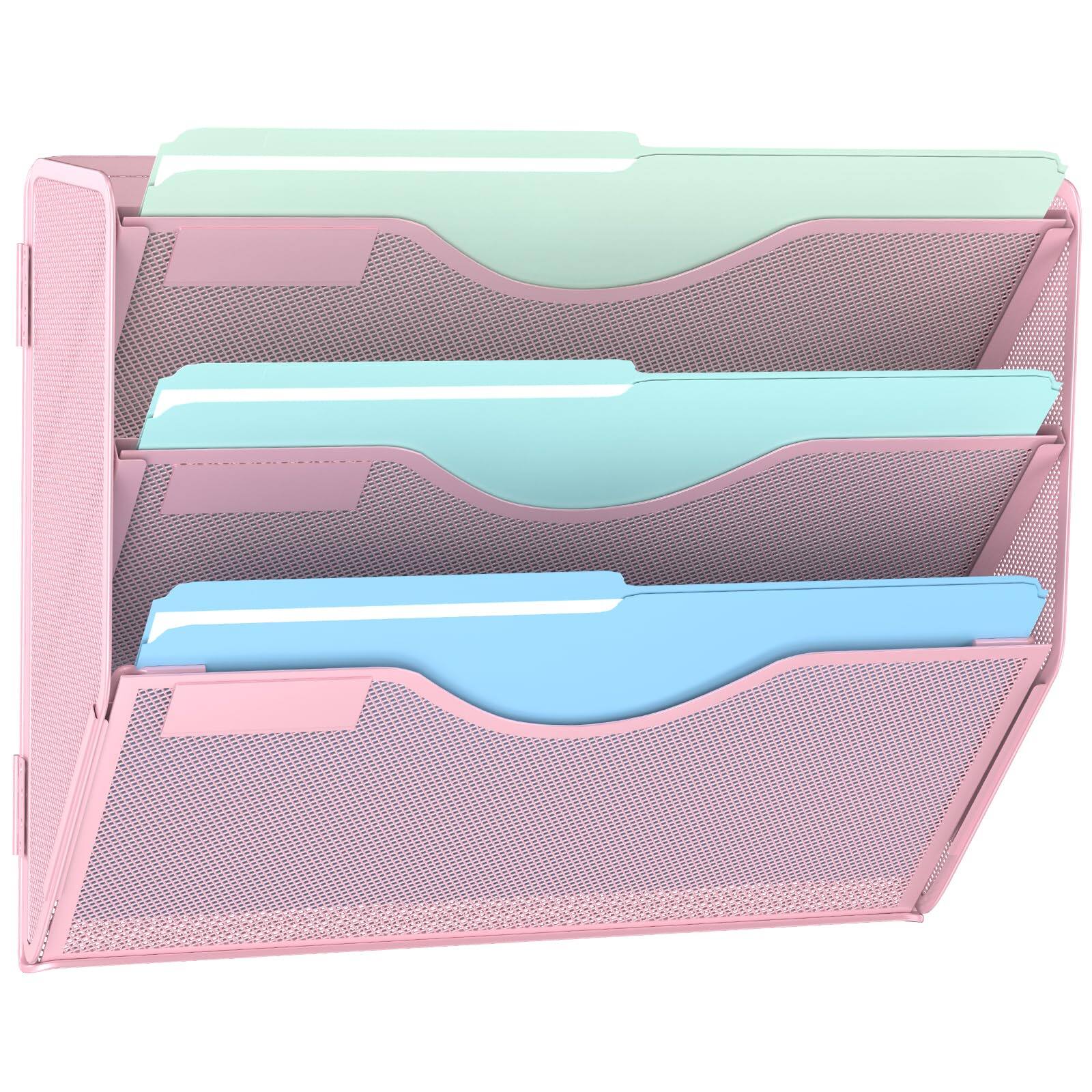 Dapper Styles - 5 Tier Hanging Wall File Organizer Mesh Mail Paper Orgnization Folder Holder For Home Office - Pink-3-T
