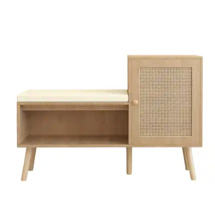 Front. HTUTWOO - 2-in-1 Entryway Shoe Bench with Cabinet - Rattan Shoe Organizer with Cushion,for Hallway,Living Room,Apartments & Homes - Brown.