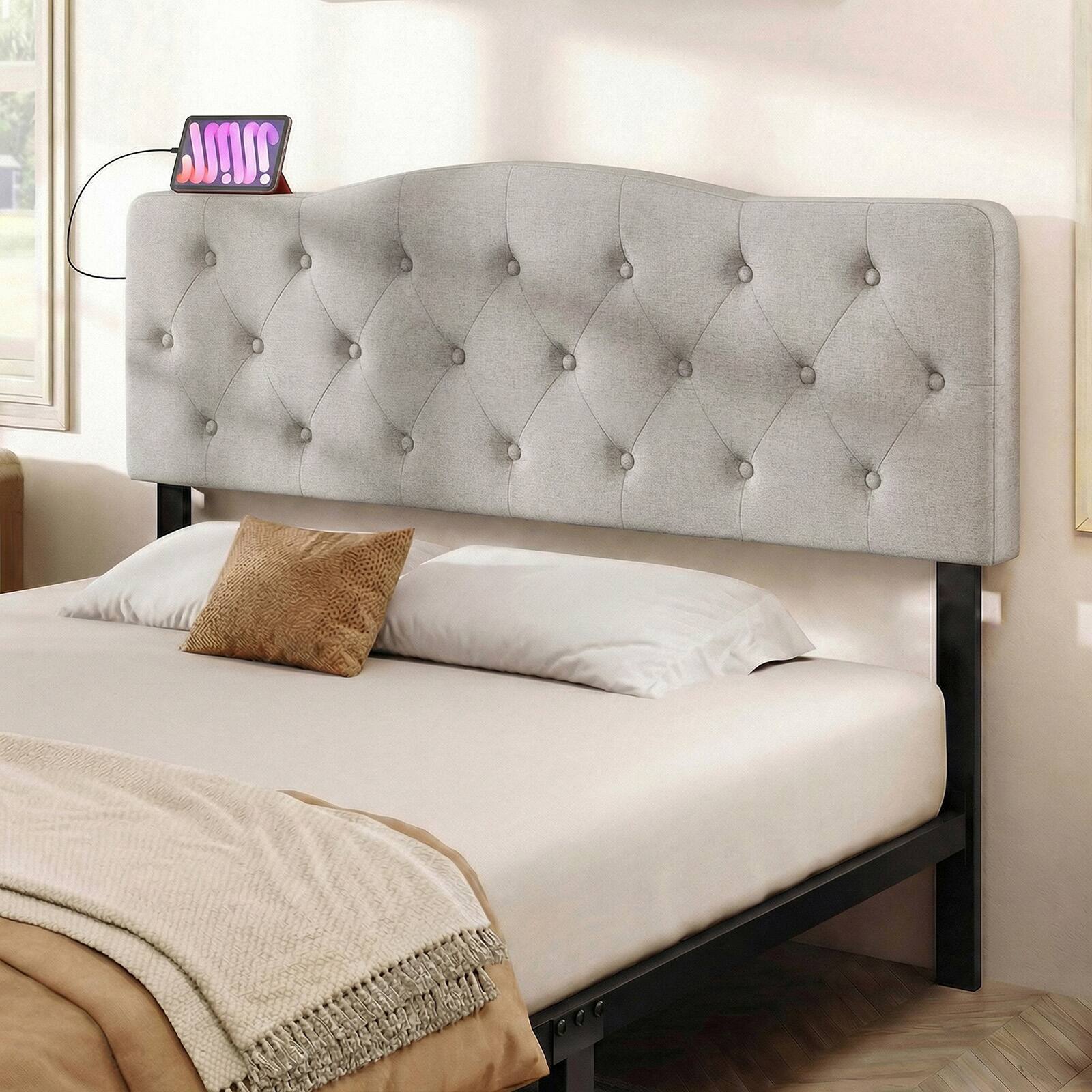 Alt View 3. Gymax - Gymax Headboard for Queen & Full Size Bed Tufted Upholstered Head Board w/2AC Outlets Gray - Grey.