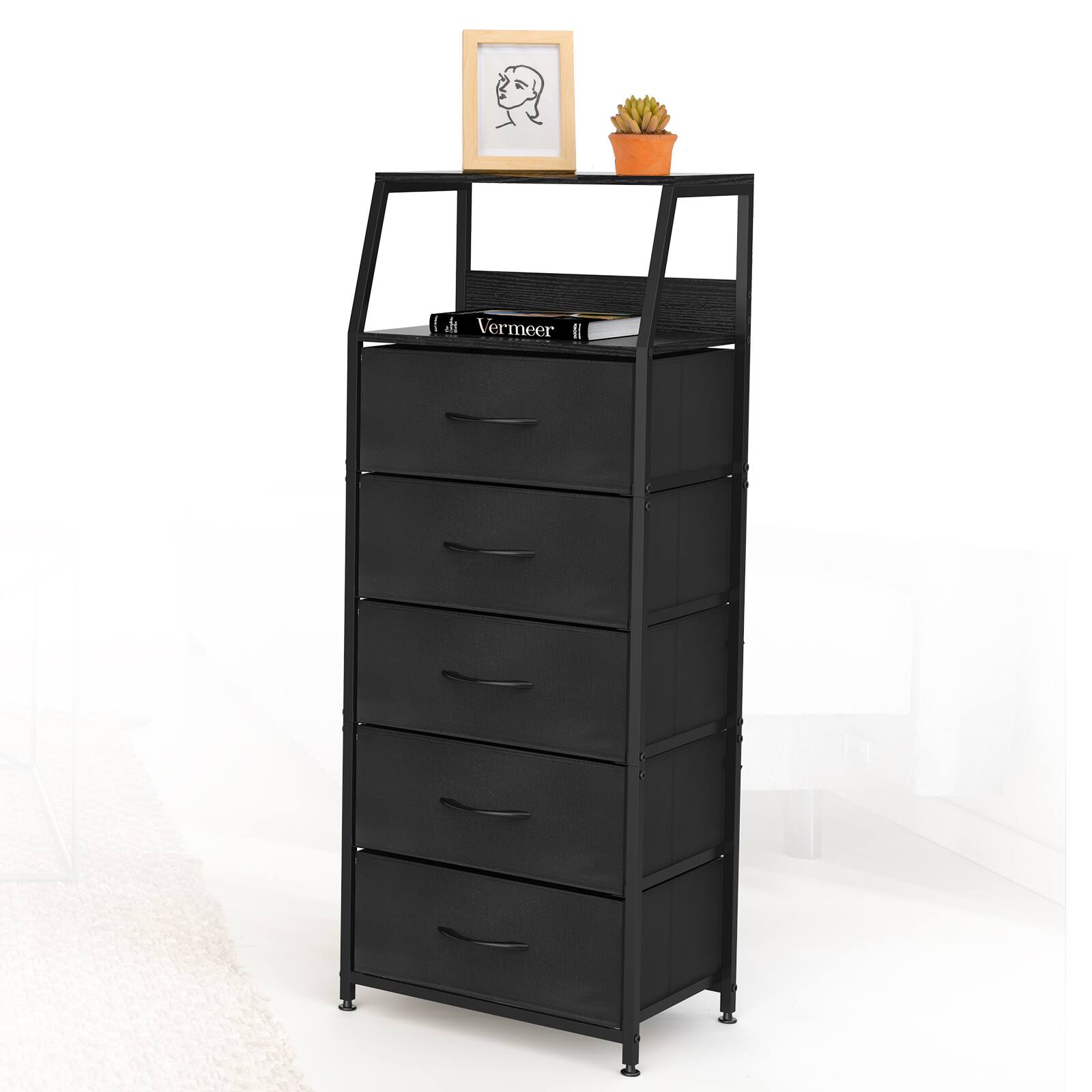 Alt View 1. Oumilen - Black 5-Drawer Tall Dresser with Wood Top and Fabric Drawers - Black.