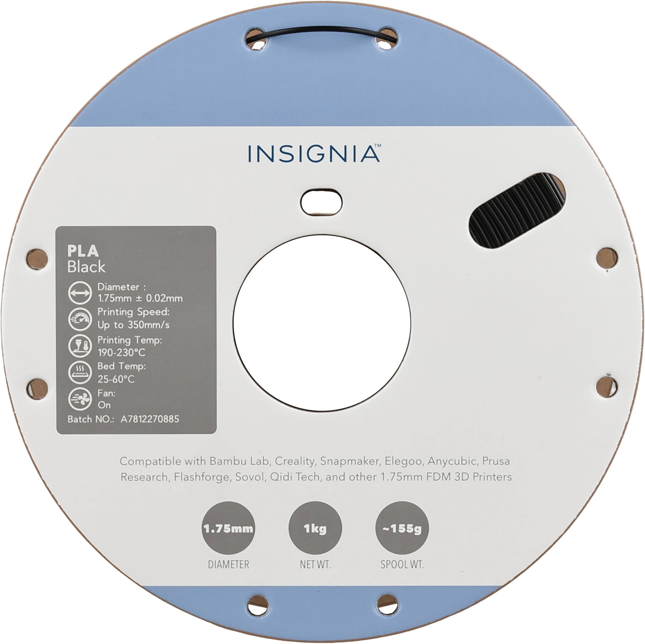 TM INSIGNIA PLA Black  
Diameter: 1.75mm ± 0.02mm  
Printing Speed: Up to 350mm/s  
Printing Temp: 190-230°C  
Bed Temp: 25-60°C  
Fan: On  
Batch NO.: A7812270885  

Compatible with Bambu Lab, Creality, Snapmaker, Elegoo, Anycubic, Prusa Research, Flashforge, Sovol, Qidi Tech, and other 1.75mm FDM 3D Printers  

1.75mm  
DIAMETER  
NET WT. 1kg  
SPOOL WT. ~155g