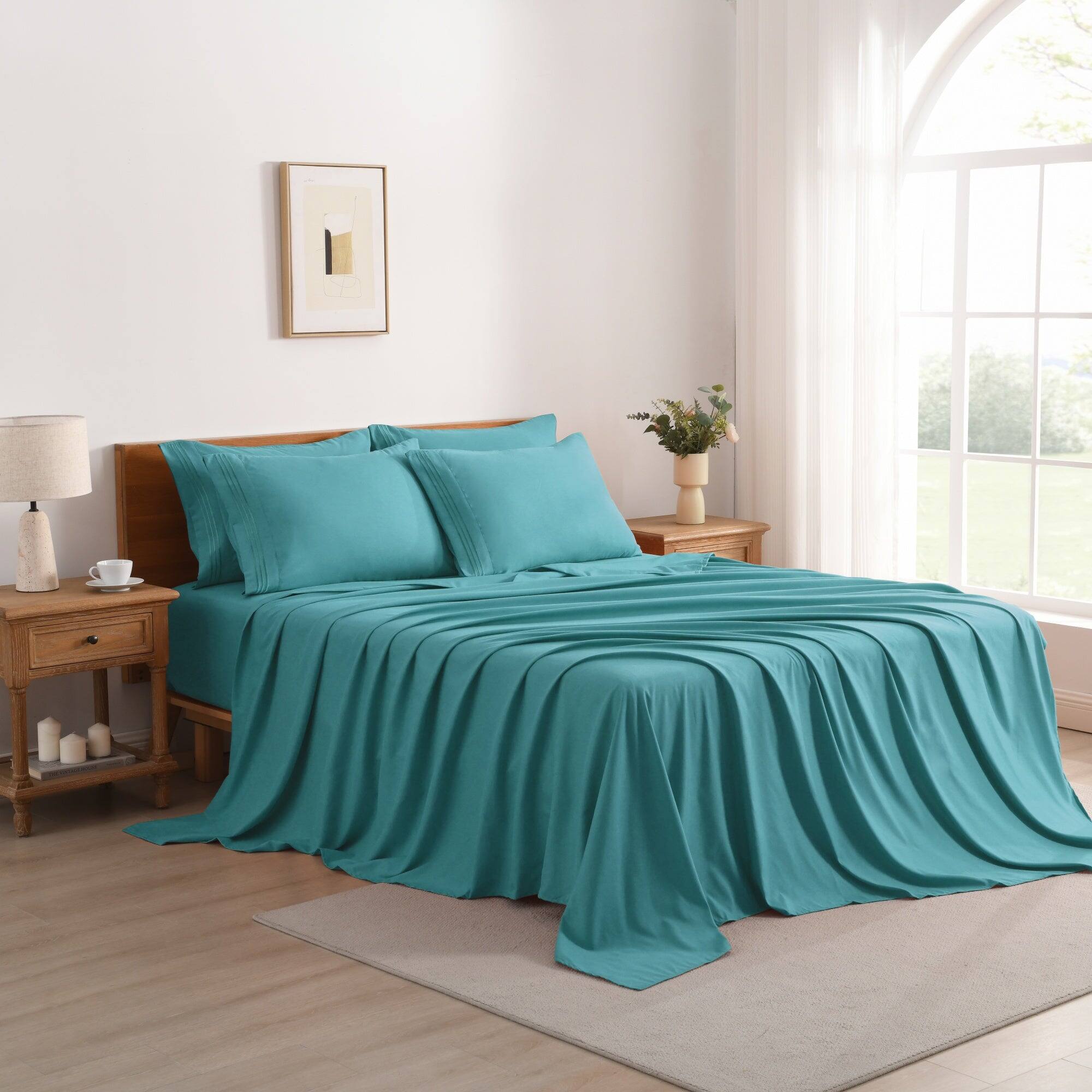 Left. MarCielo - Marcielo 4/6 Pcs Soft Solid & Embroidery Bed Sheets Set - Dark Teal.