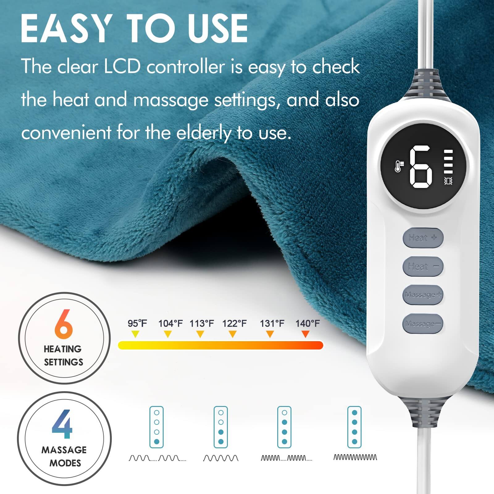 EASY TO USE

The clear LCD controller is easy to check the heat and massage settings, and also convenient for the elderly to use.

6 HEATING SETTINGS
95°F 104°F 113°F 122°F 131°F 140°F

4 MASSAGE MODES
