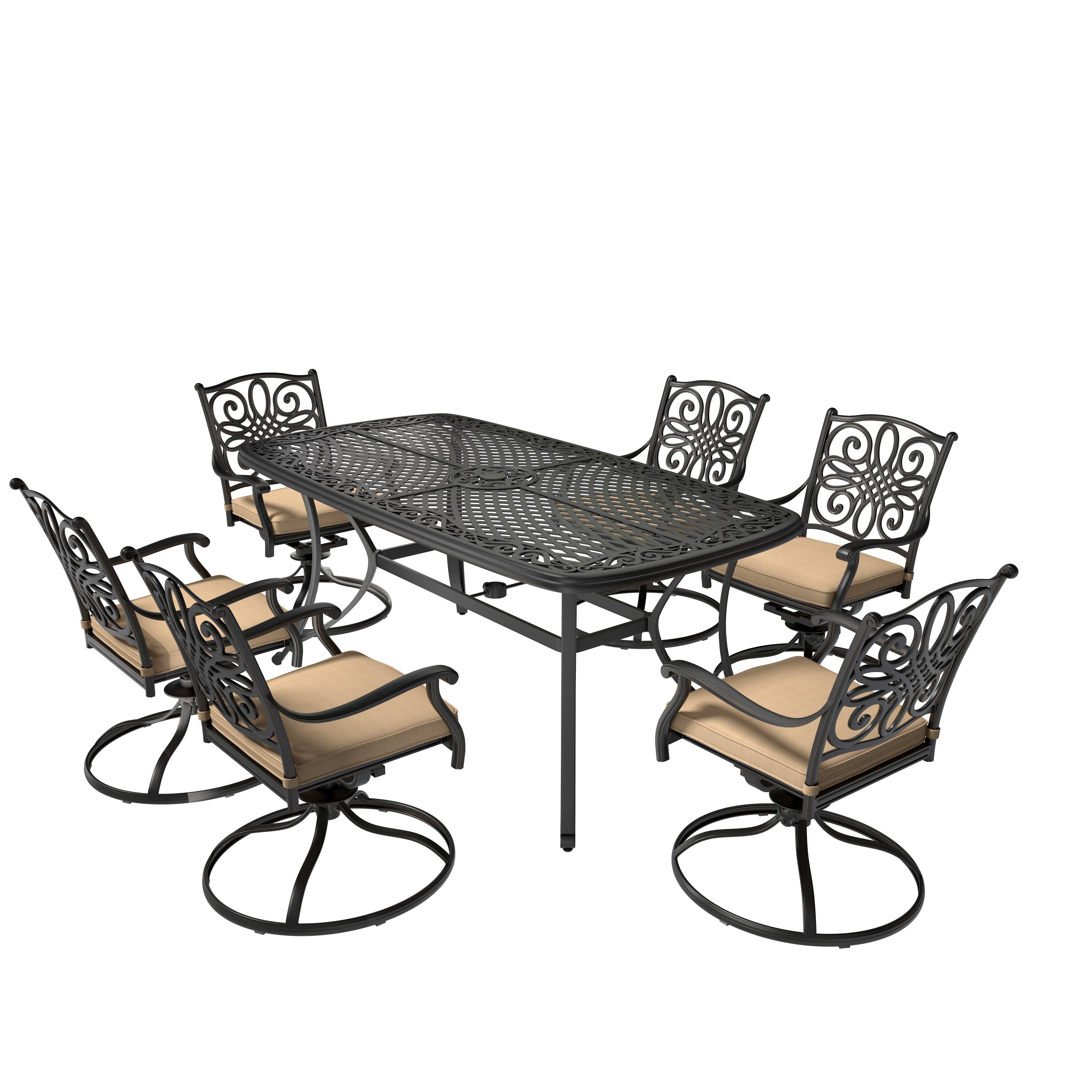Back. Mondawe - 7-Piece Cast Aluminum Dining Set with Round Tile-Top Table and Swivel Chairs - Black+Brown.