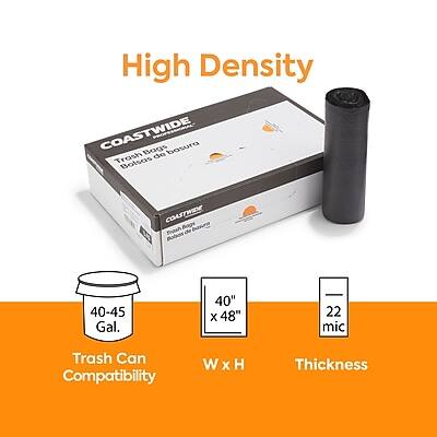 High Density  
COASTWIDE Bags  
Trash Bags  
Basura de Bolsas  

40-45 Gal.  
40" x 48"  
22 mic  

Trash Can Compatibility  
W x H  
Thickness