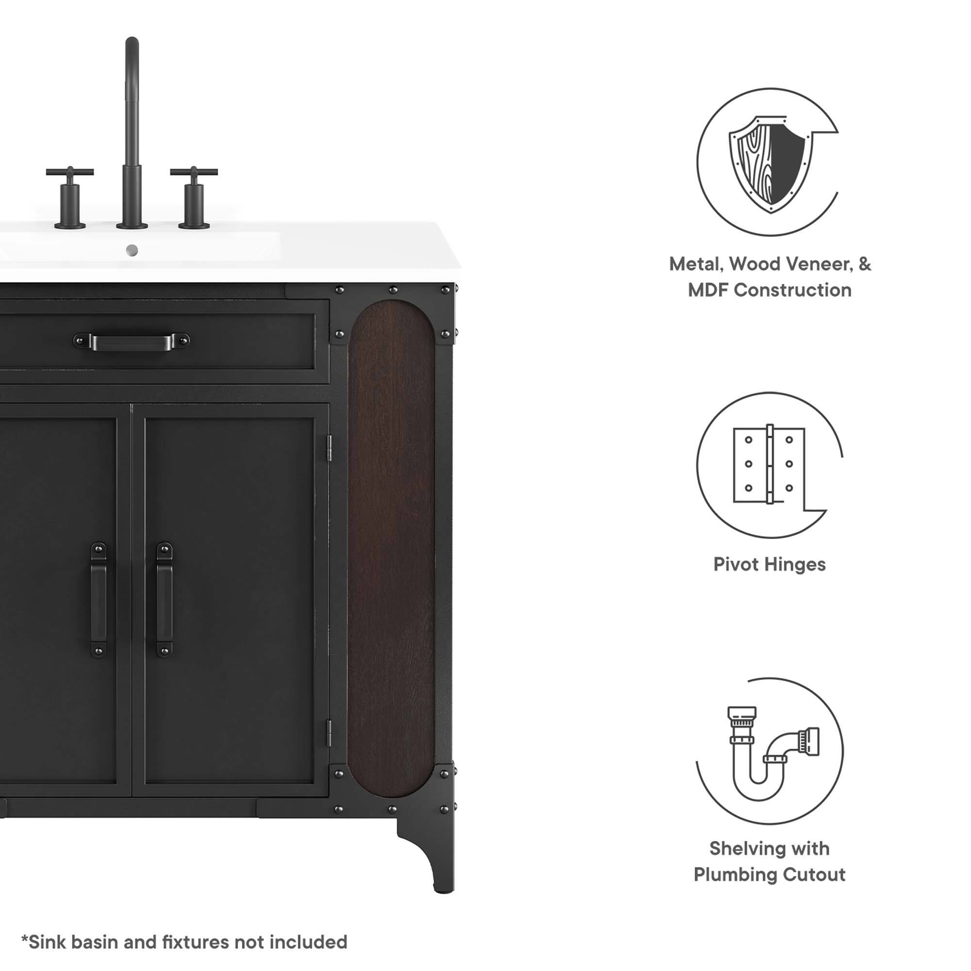 Metal, Wood Veneer, & MDF Construction  
Pivot Hinges  
Shelving with Plumbing Cutout  

*Sink basin and fixtures not included