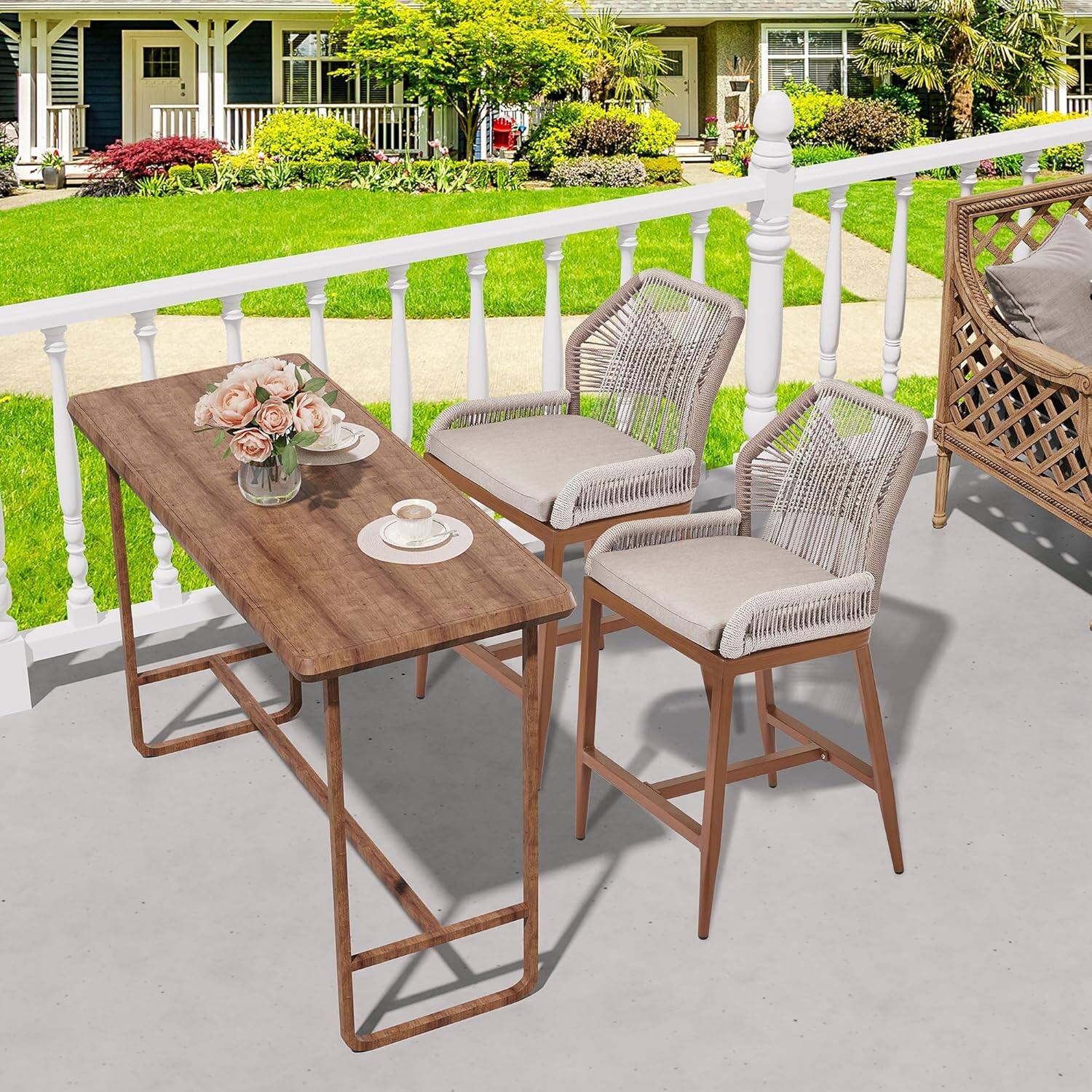Left. GARVEE - Outdoor Bar Stools - Set of 2 Counter Height Chairs with Back, All-Weather Design, Chic Ergonomics, Wood Grain - Grey.
