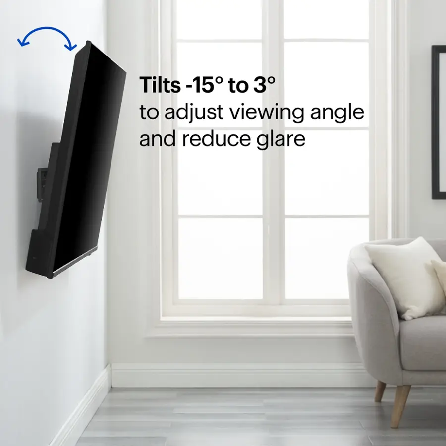 The text on the image says "Tilts -15 to 3 to adjust viewing angle and reduce glare."