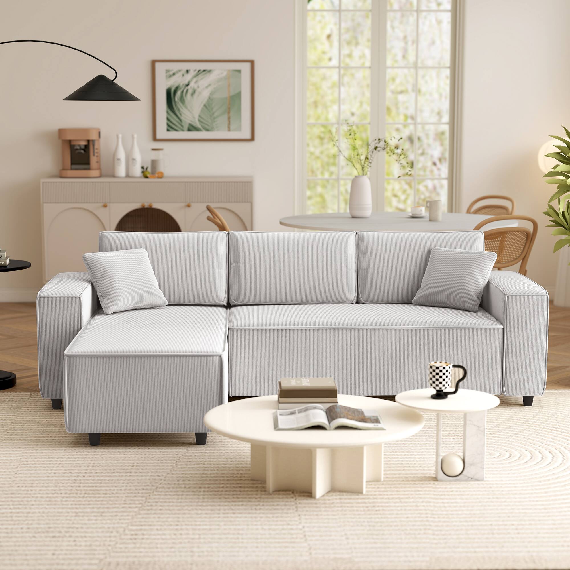 Alt View 8. Homcom - Sectional Sofa with Reversible Chaise Lounge, 95" L-Shaped Corner Sofa, 2 Pillows, 3 Seat Couch for Living Room - Light Grey.