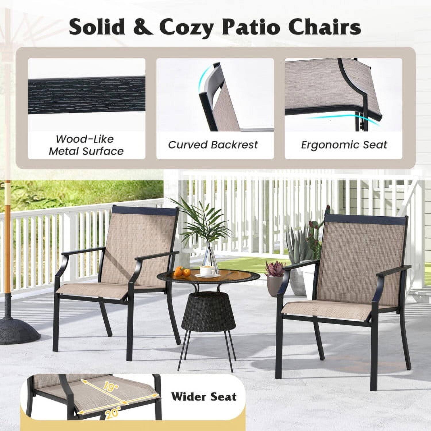Solid & Cozy Patio Chairs  
Wood-Like Metal Surface  
Curved Backrest  
Ergonomic Seat  
Wider Seat