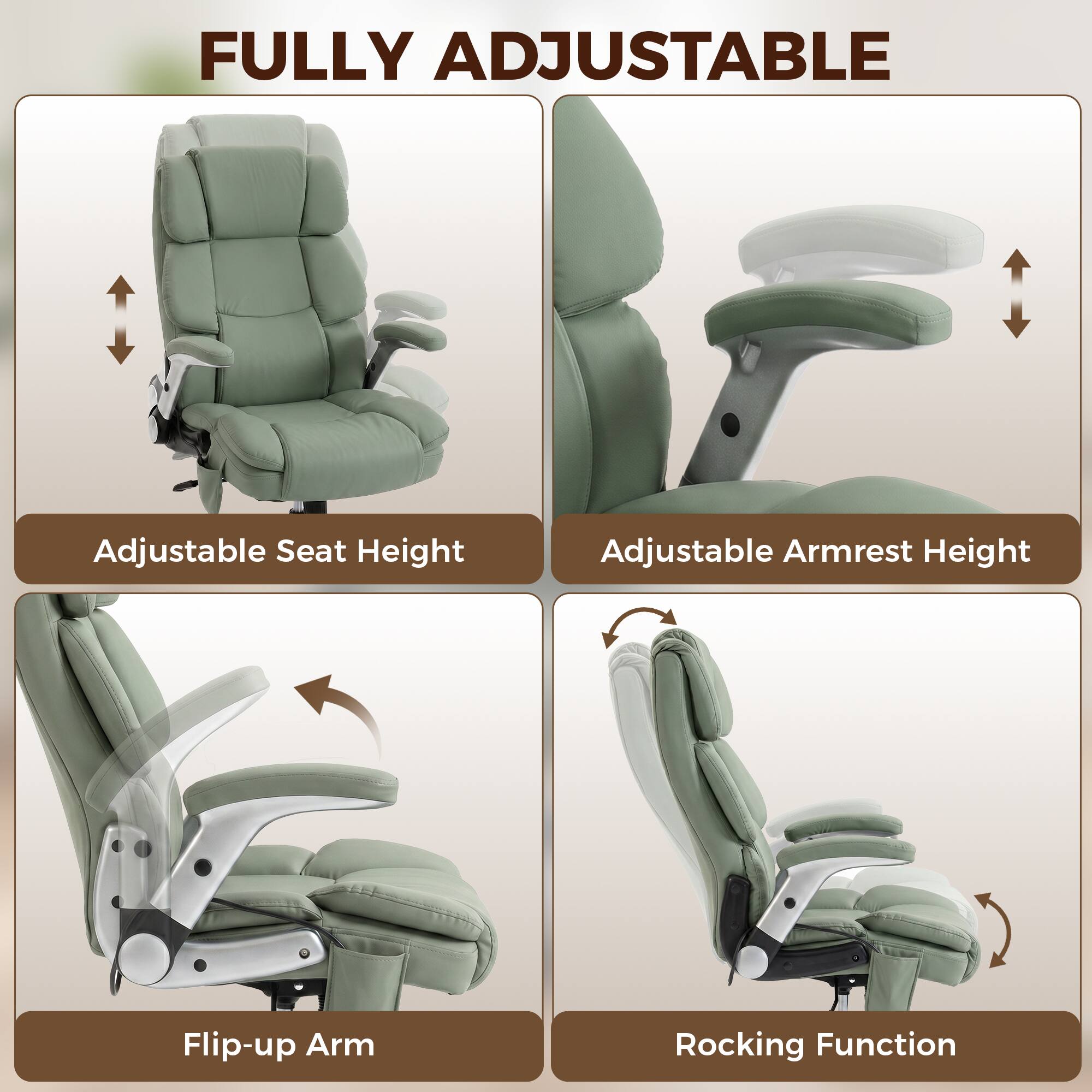 FULLY ADJUSTABLE

- Adjustable Seat Height
- Adjustable Armrest Height
- Flip-up Arm
- Rocking Function