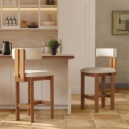 POVISON - 26" Fully Assembled Mid-Century Modern Counter Height Bar Stools Set of 2, Faux Leather Beige & Light Walnut - Beige & Black PU Leather