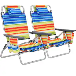 Costway - 2-Pack Folding Backpack Beach Chair 5-Position Outdoor Reclining Chairs with Pillow - Yellow
