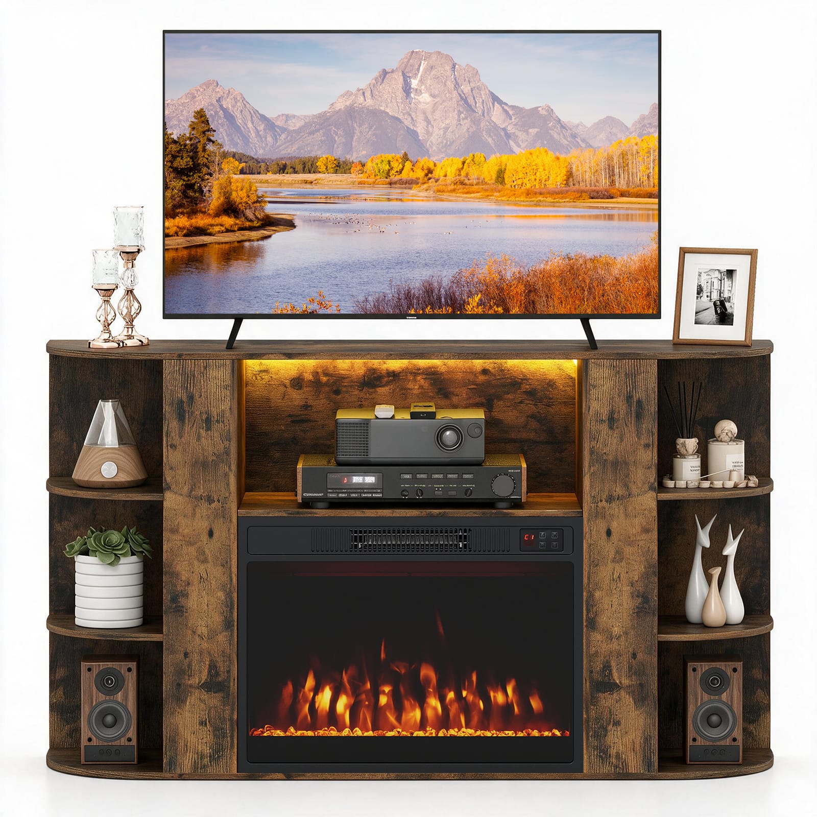 Costway - Entertainment Center with Storage, 23" Electric Fireplace with Adjustable Flame Colors - Brown Crystal
