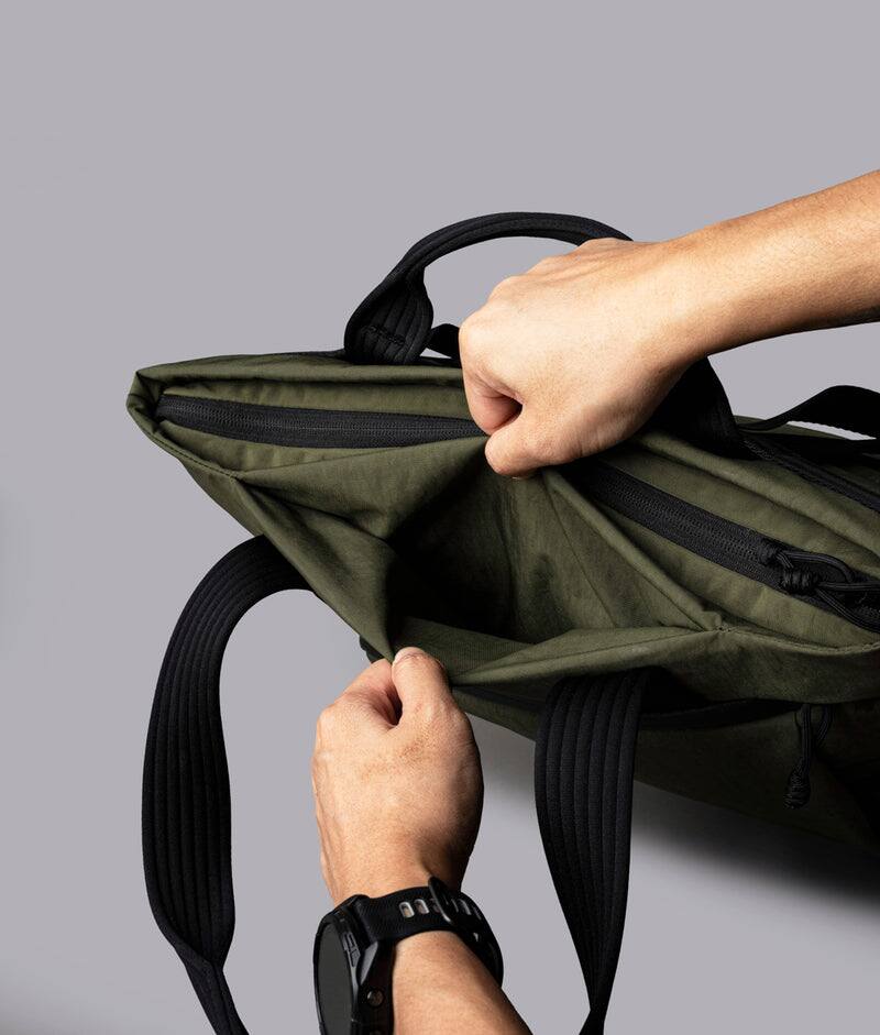 Alt View 6. ALPAKA - Flow Totepack Laptop Backpack for Men, 16" Laptop Compartment + 11" Tablet Sleeve, Tote/Backpack, Bottle Pocket - Green Axoflux 400D Washed Nylon.