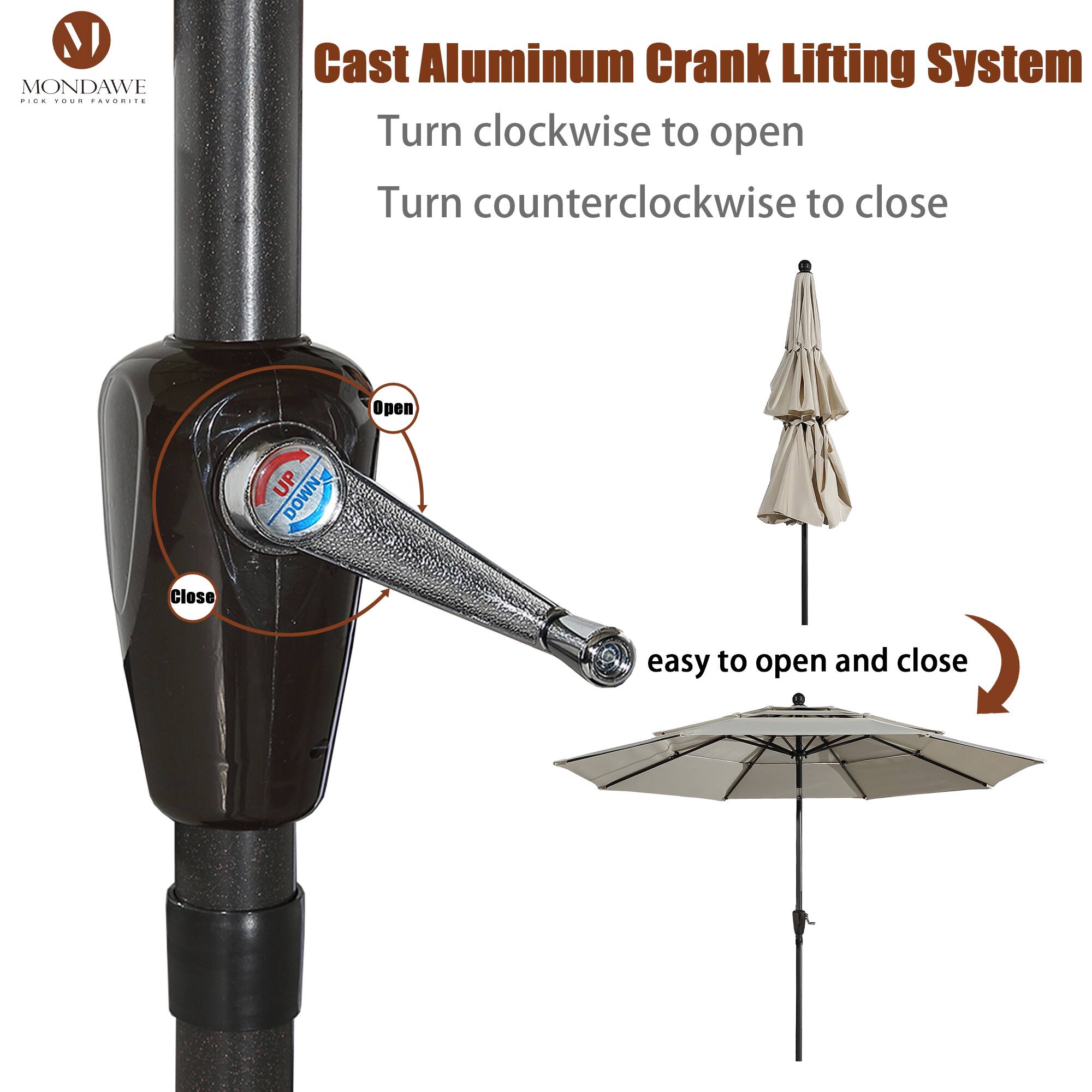MONDAWE  
Cast Aluminum Crank Lifting System  
Turn clockwise to open  
Turn counterclockwise to close  

Open  
Close  

easy to open and close