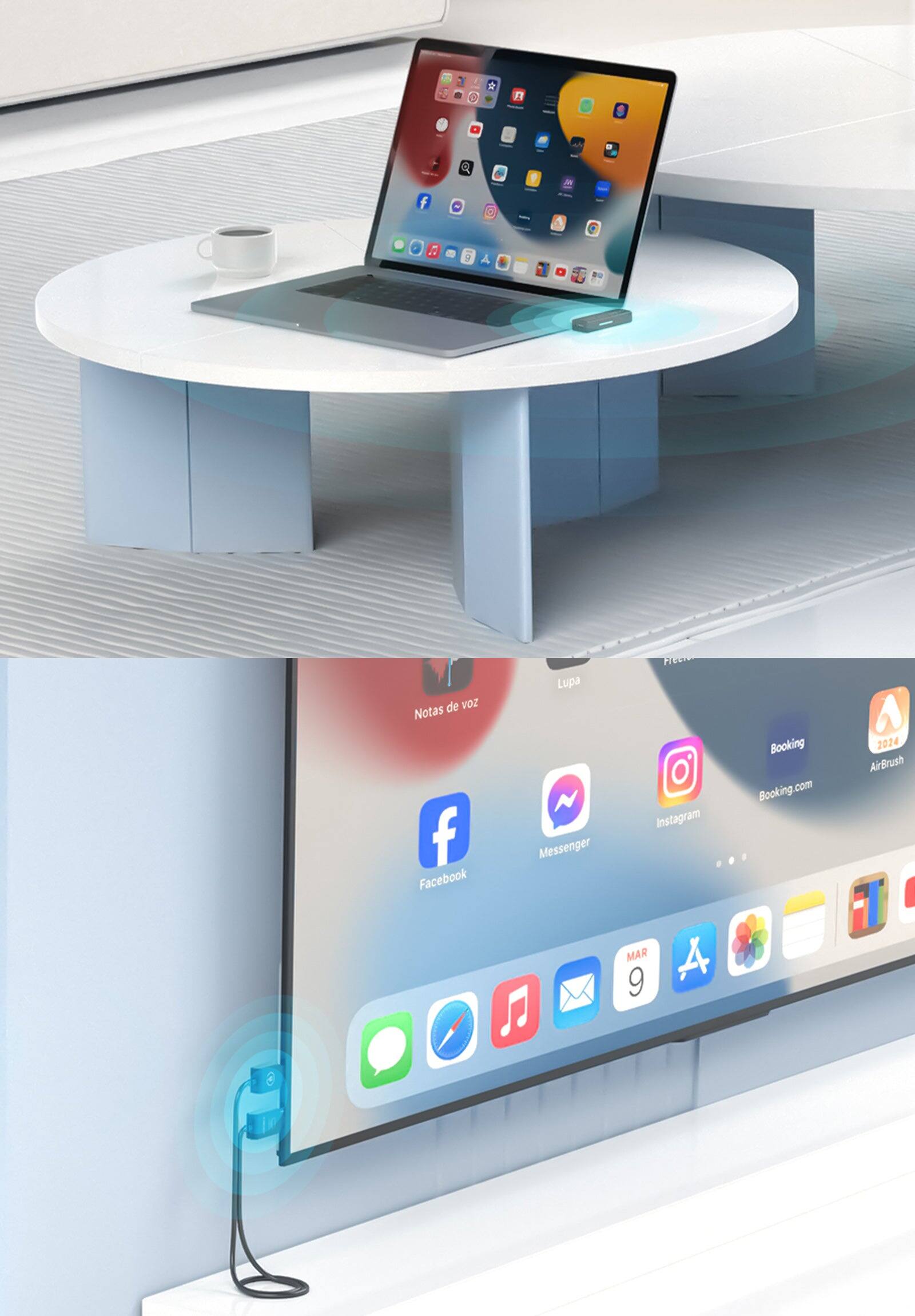 The text on the image reads: "5 0 1 n f Q: IN 9 A de voz Notas f Facebook Lupa Messenger Ficew Booking Booking.com Instagram ... 2024 AirBrush MAR 9 3". The text is a combination of various social media icons, including Facebook, Messenger, Instagram, and Booking.com. The text also includes a reference to 2024 and AirBrush.