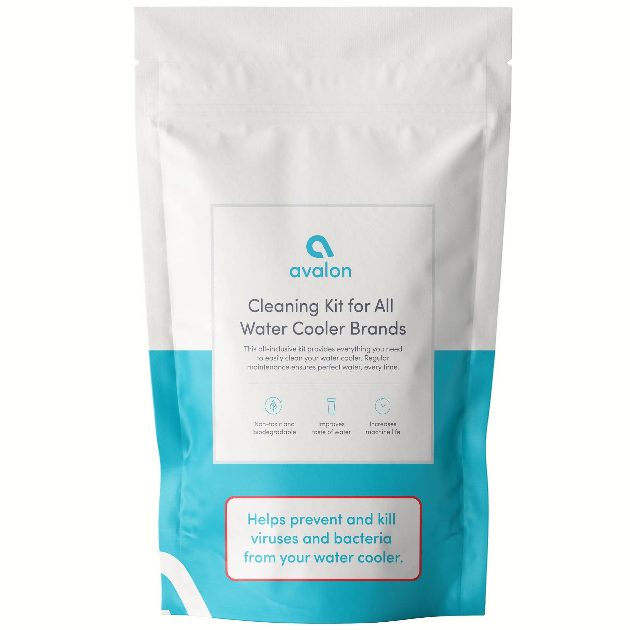 avalon Cleaning Kit for All Water Cooler Brands  
This all-inclusive kit provides everything you need to easily clean your water cooler. Regular maintenance ensures perfect water, every time.  
Non-toxic and biodegradable  
Improves taste of water  
Increases machine life  
Helps prevent and kill viruses and bacteria from your water cooler.