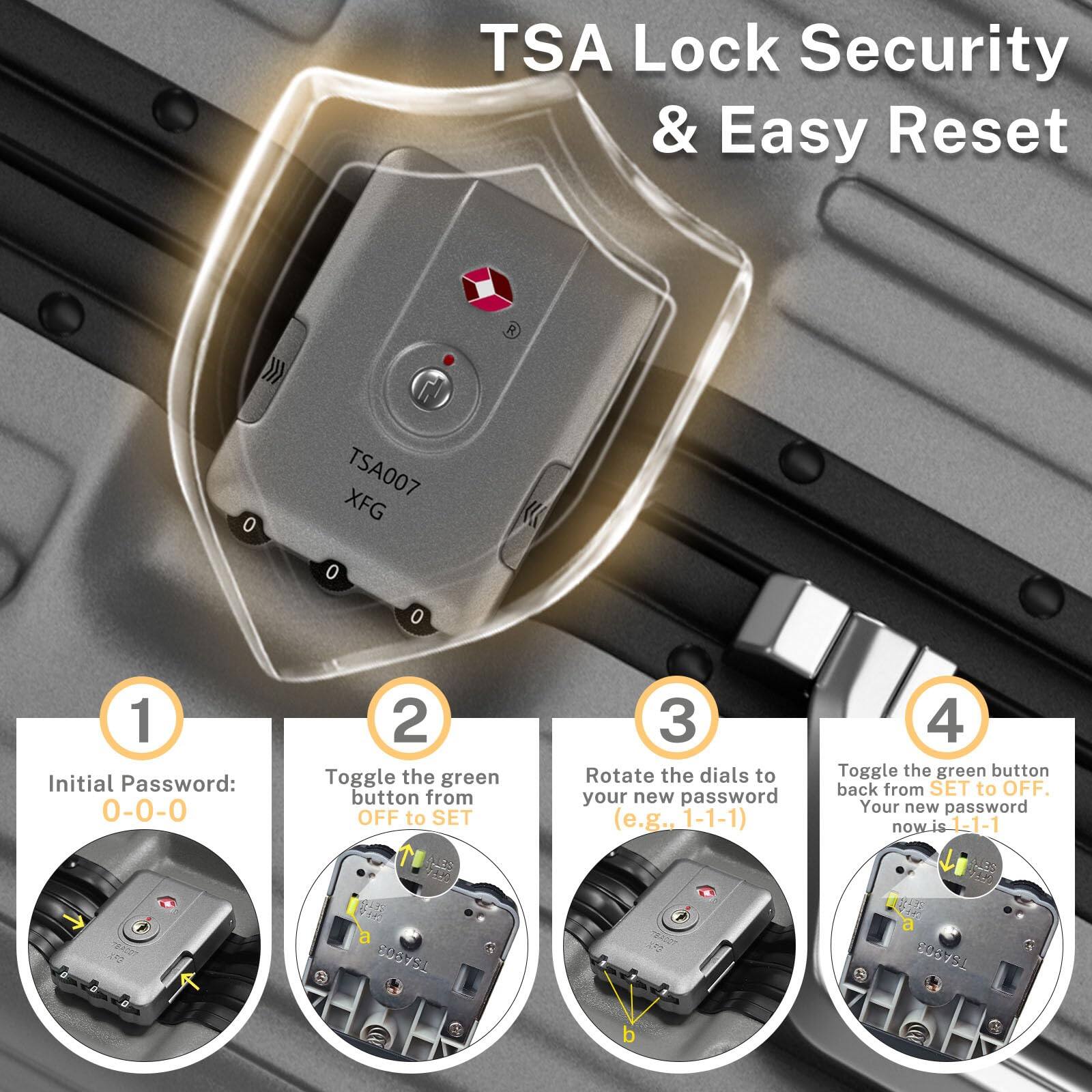 TSA Lock Security & Easy Reset

1. Initial Password: 0-0-0
2. Toggle the green button from OFF to SET
3. Rotate the dials to your new password (e.g., 1-1-1)
4. Toggle the green button back from SET to OFF. Your new password now is 1-1-1
