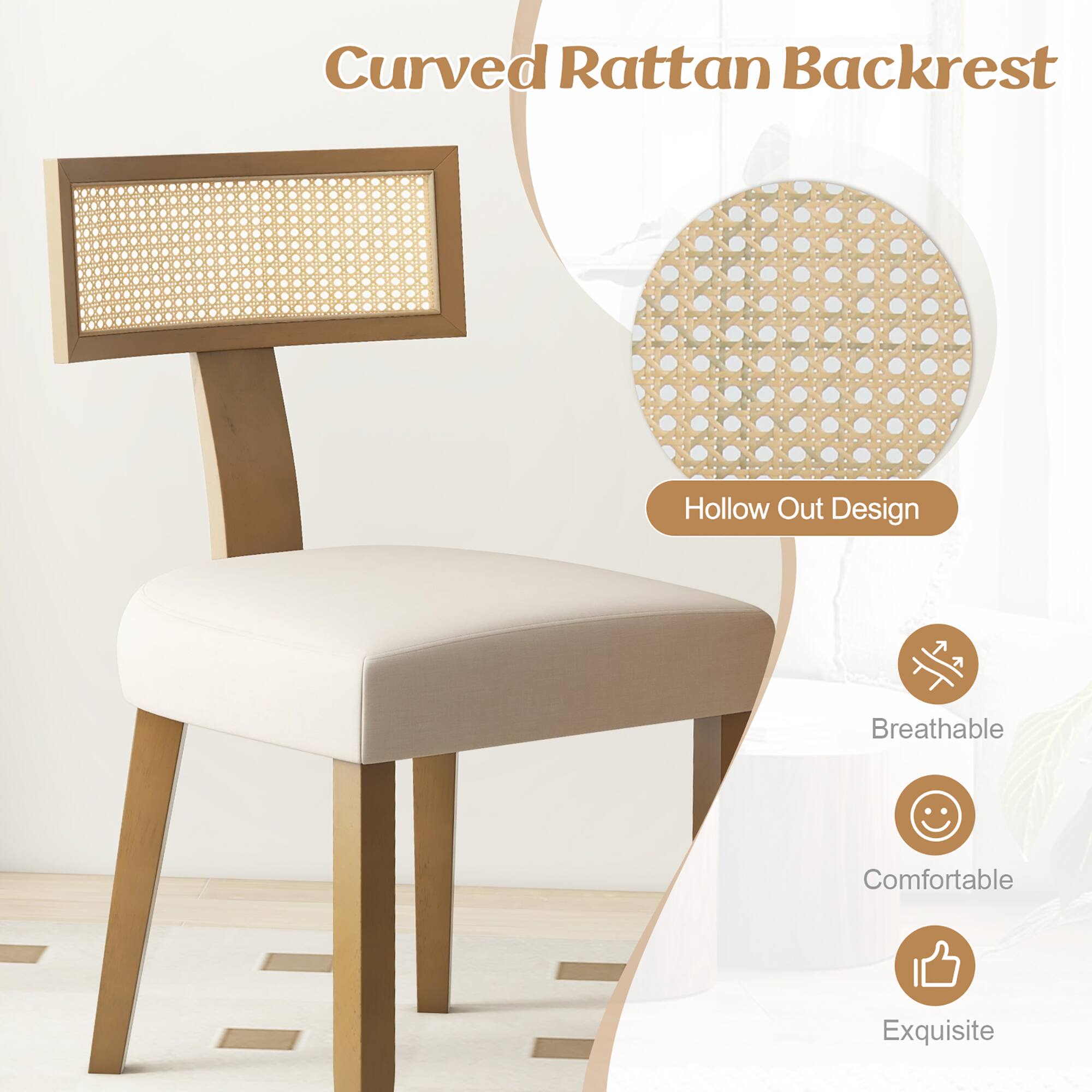 Curved Rattan Backrest

Hollow Out Design

Breathable

Comfortable

Exquisite