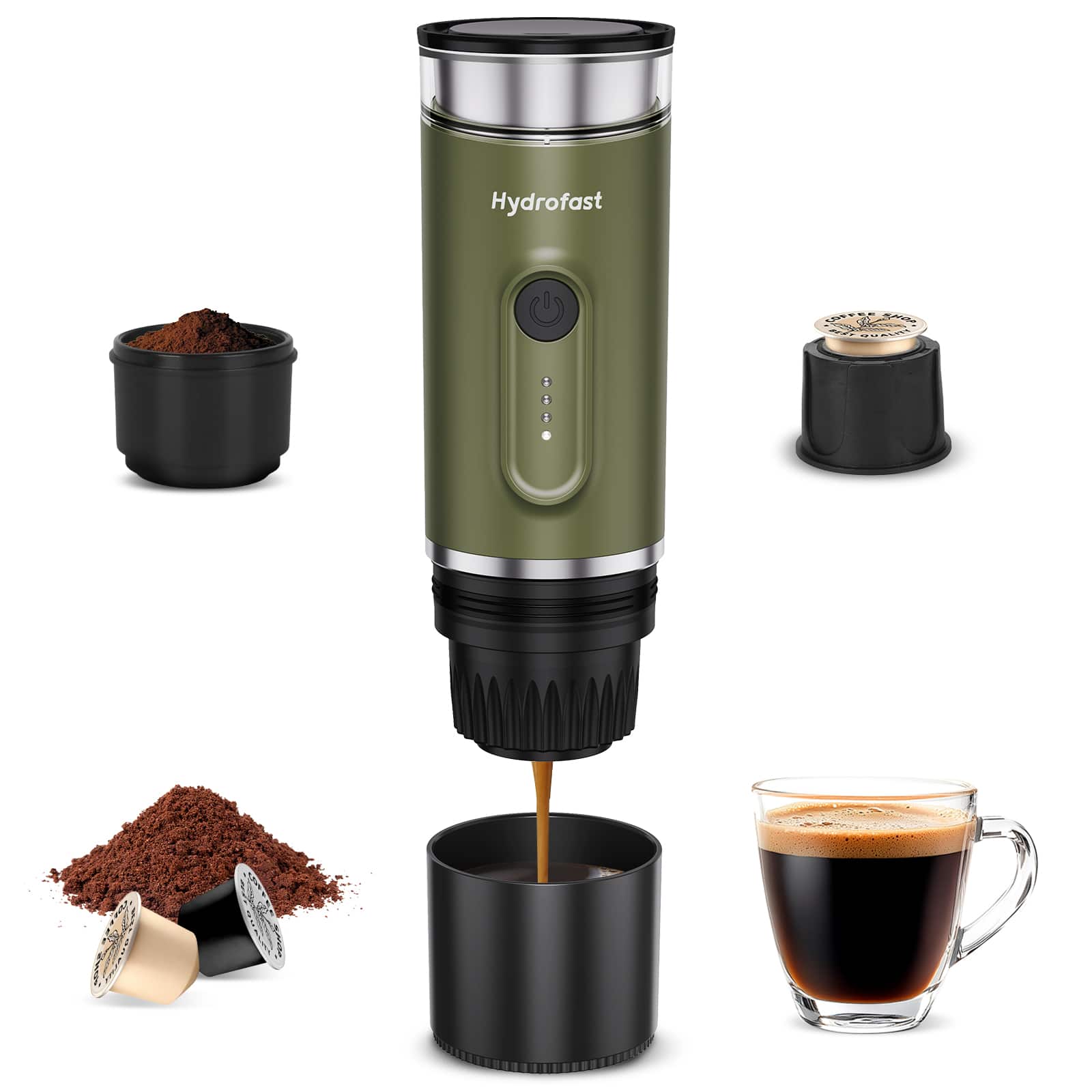 Hydrofast - PO-100 Portable Espresso Maker, 20-Bar Pressure, 9600mAh, 2-in-1 Capsule & Ground Coffee, Wireless Heating, for Travel - Army Green