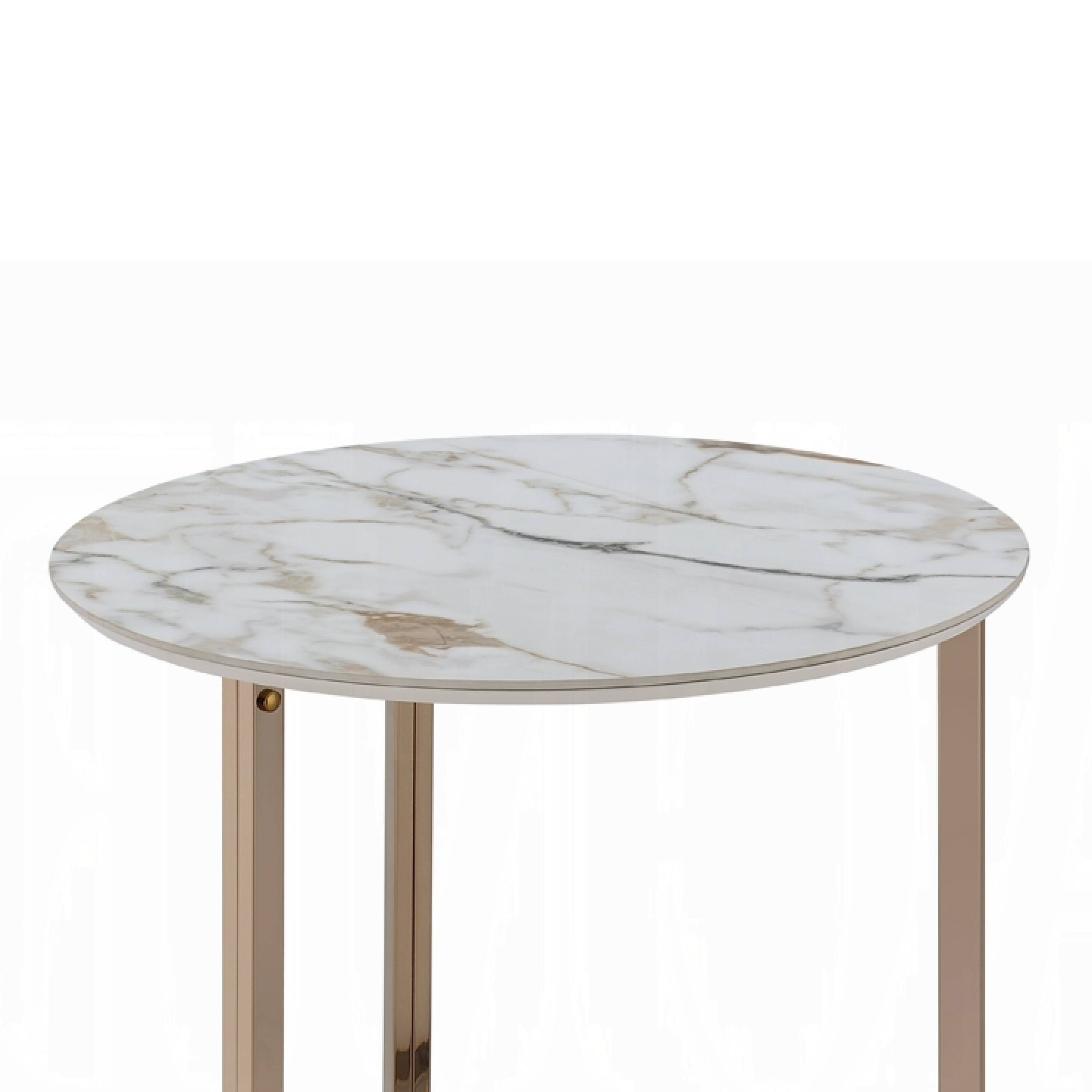 Alt View 3. Manhattan Lane - Acor Side End Table, 24 Inch, Round Sintered Stone Top - White, Gold.