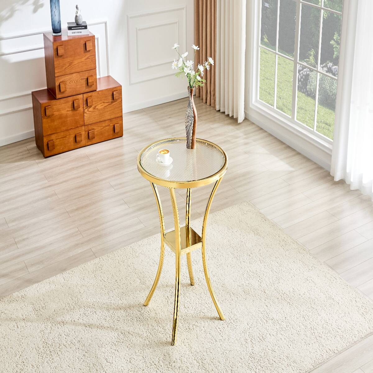 Front. Loheer - Loheer Round Bar Table with Ribbed Tempered Glass Top and Golden Stainless Steel Base - Golden.