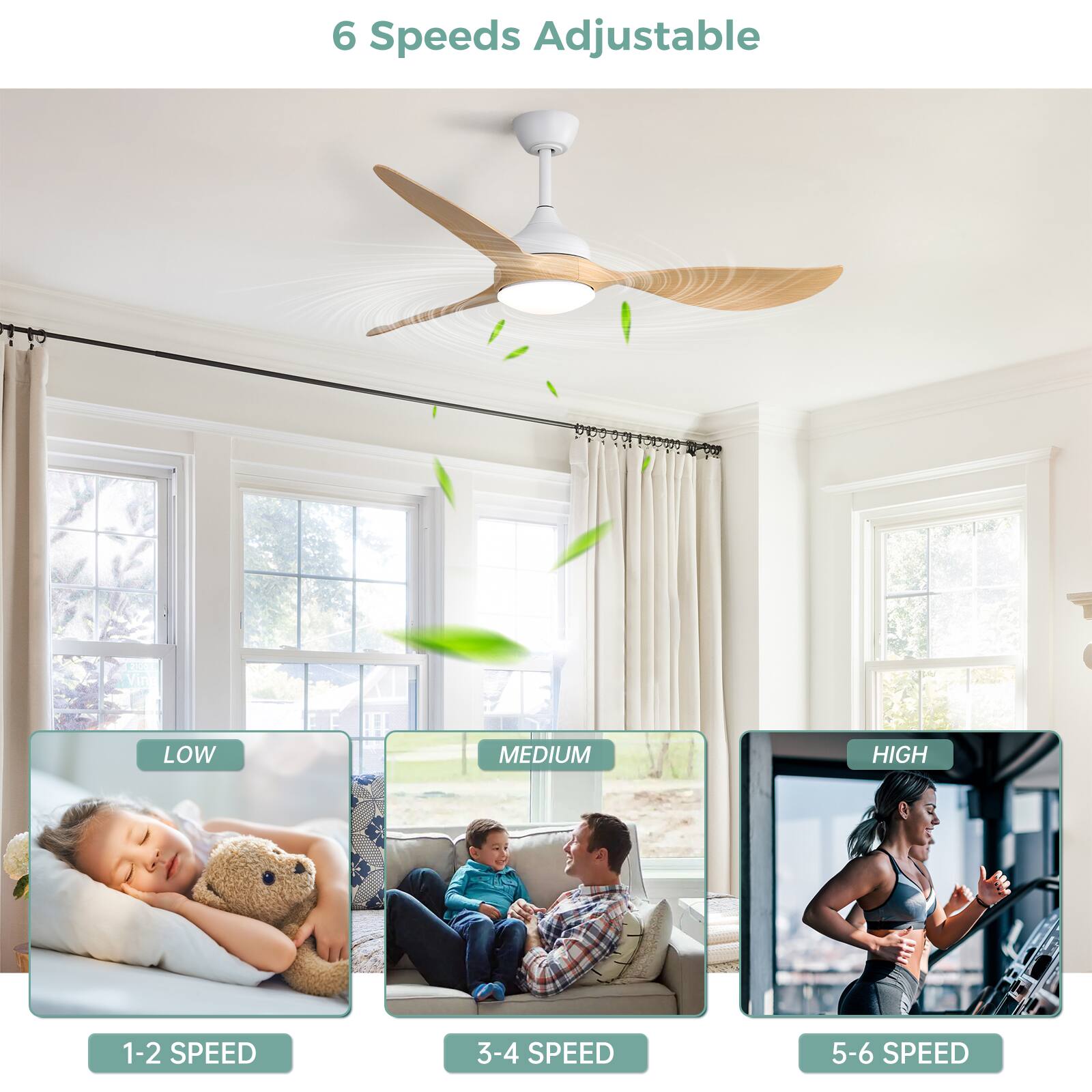 6 Speeds Adjustable

LOW  
1-2 SPEED

MEDIUM  
3-4 SPEED

HIGH  
5-6 SPEED