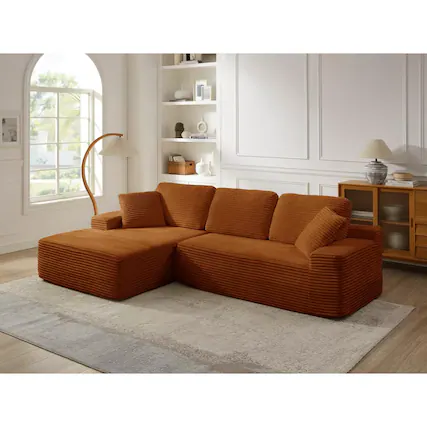 Front. Meqiodas - 109'' Modern Boneless Sofa Couch, Corduroy Modular Sectional Sofa With L-Shape Chaise, No Assembly Required - Orange.
