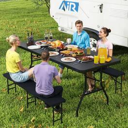 Mondawe - 71" Portable Folding Camping Table w Carrying Handle HDPE Top Steel Frame 330 lbs for Picnic - Black